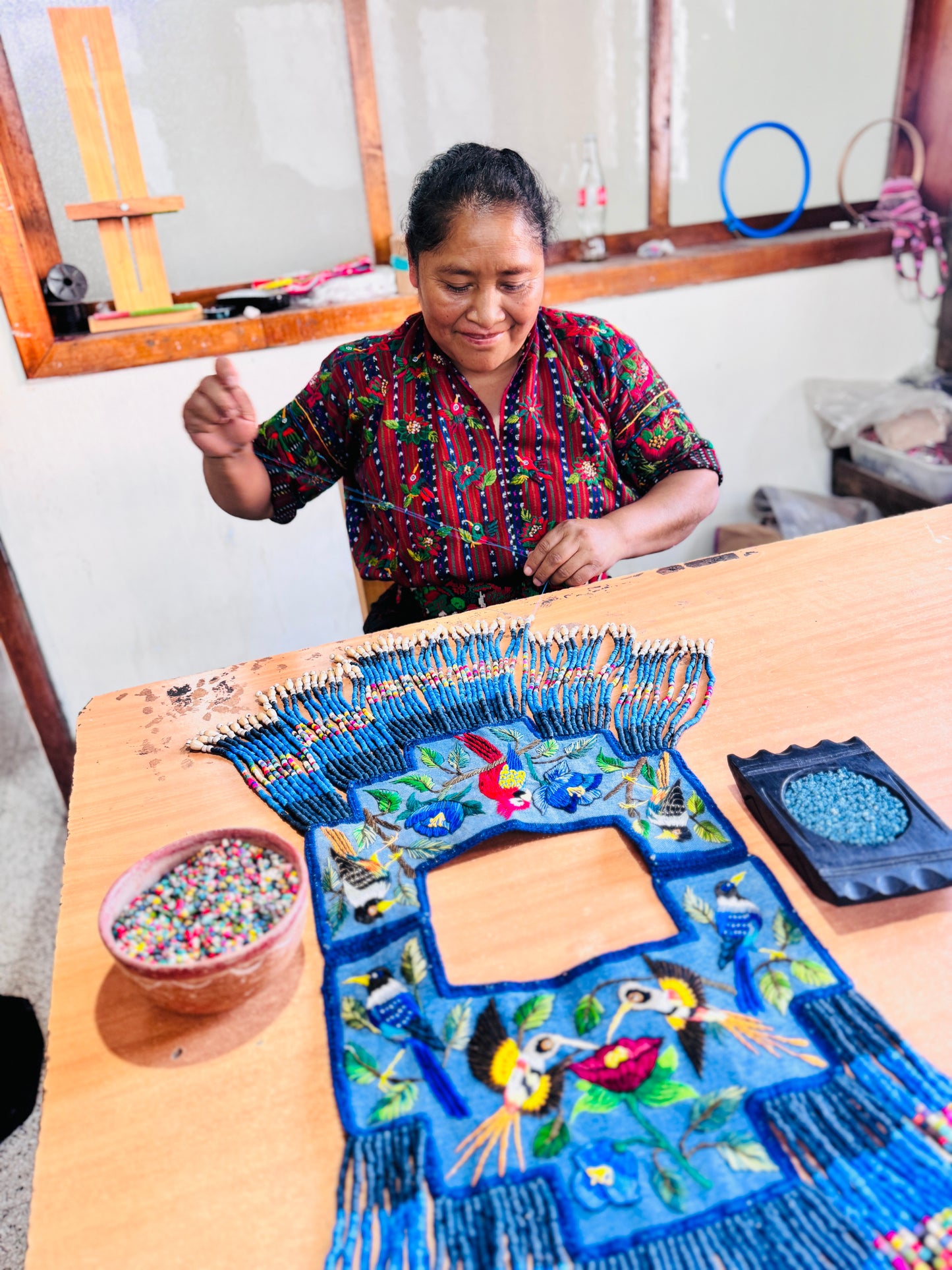 Handmade Poncho with Hand-Embroidered Birds and Beaded Fringes - Navy Blue