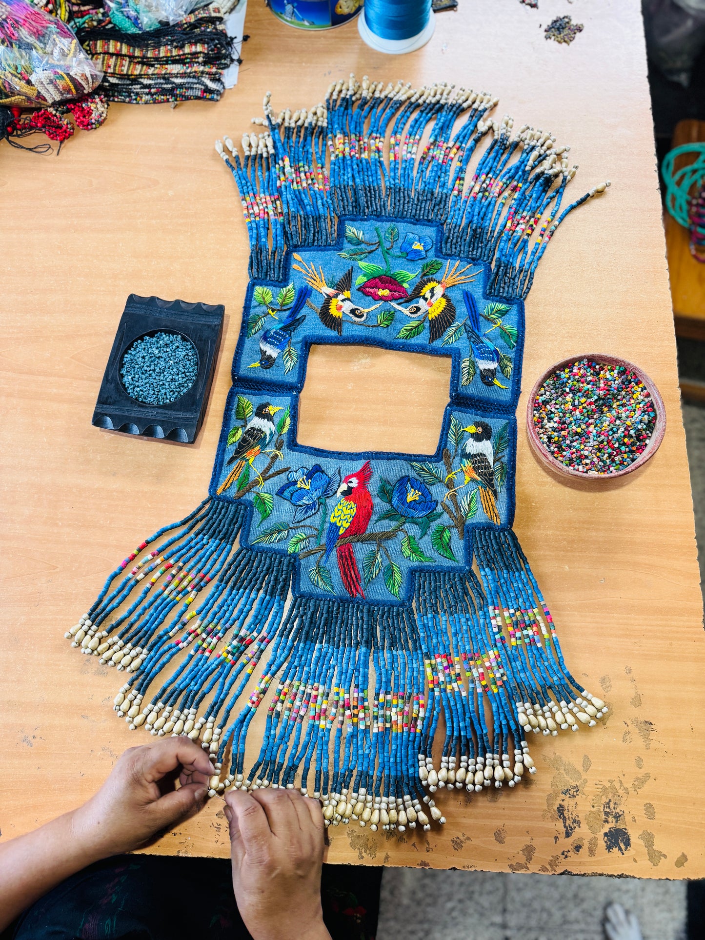 Handmade Poncho with Hand-Embroidered Birds and Beaded Fringes - Navy Blue