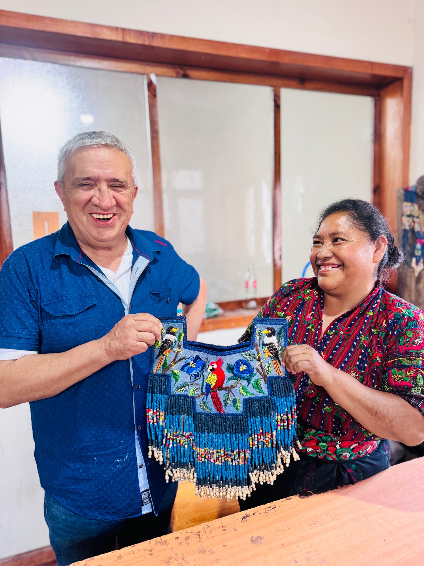 Handmade Poncho with Hand-Embroidered Birds and Beaded Fringes - Navy Blue
