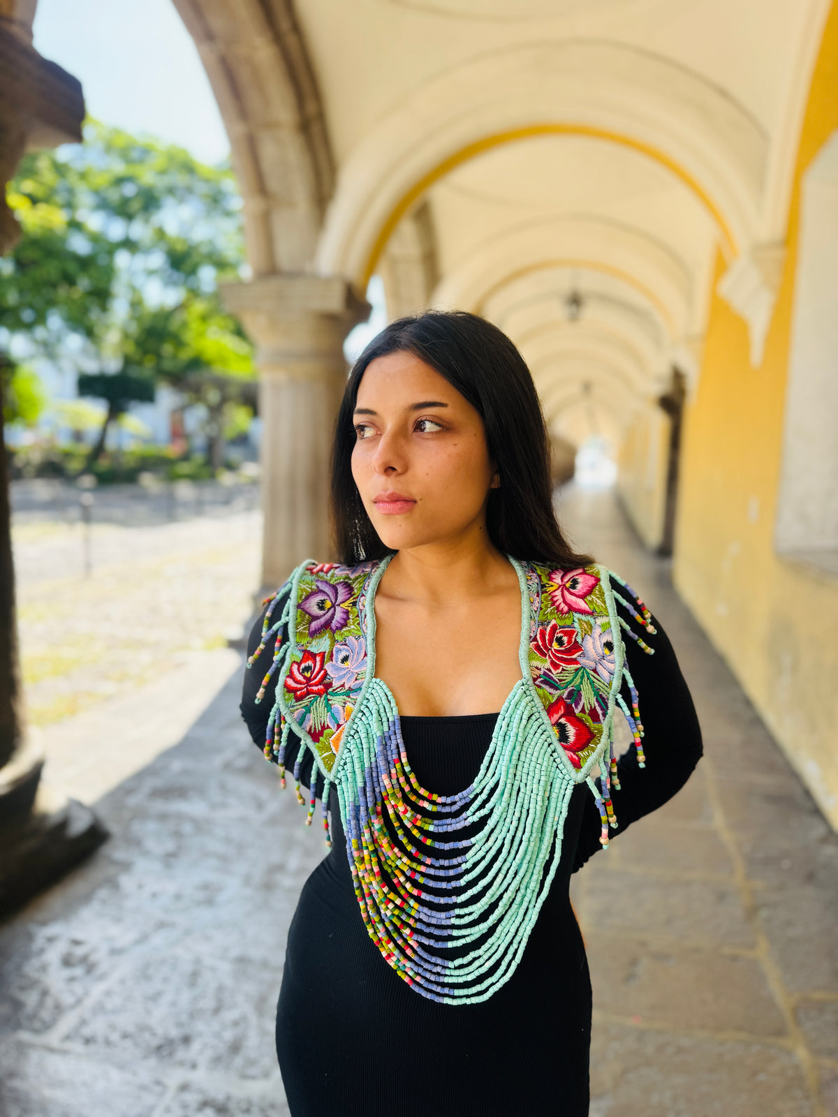 Shoulder Cape with Draped Beads - Huipil Capa Jardin de Lavanda