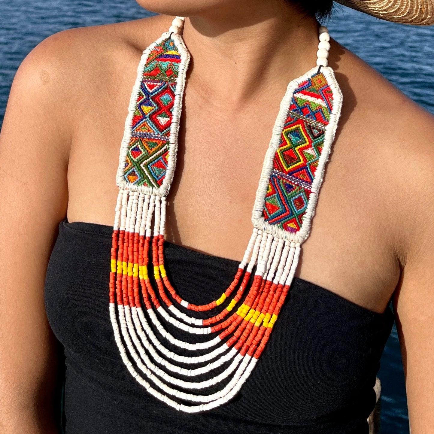 Ceremonial Two-Piece Textile Necklace, Adjustable - "Aguacatán", Vibrants
