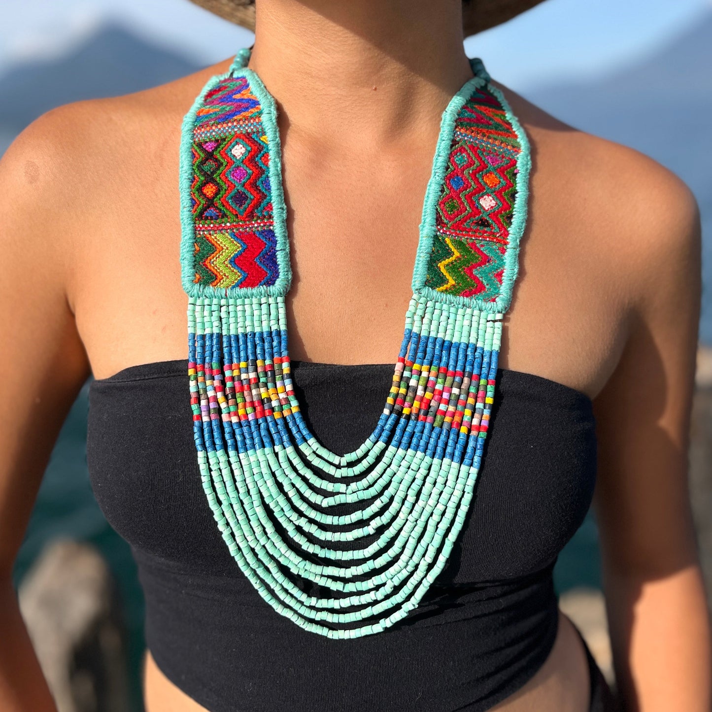 Ceremonial Two-Piece Textile Necklace, Adjustable - "Aguacatán", Vibrants