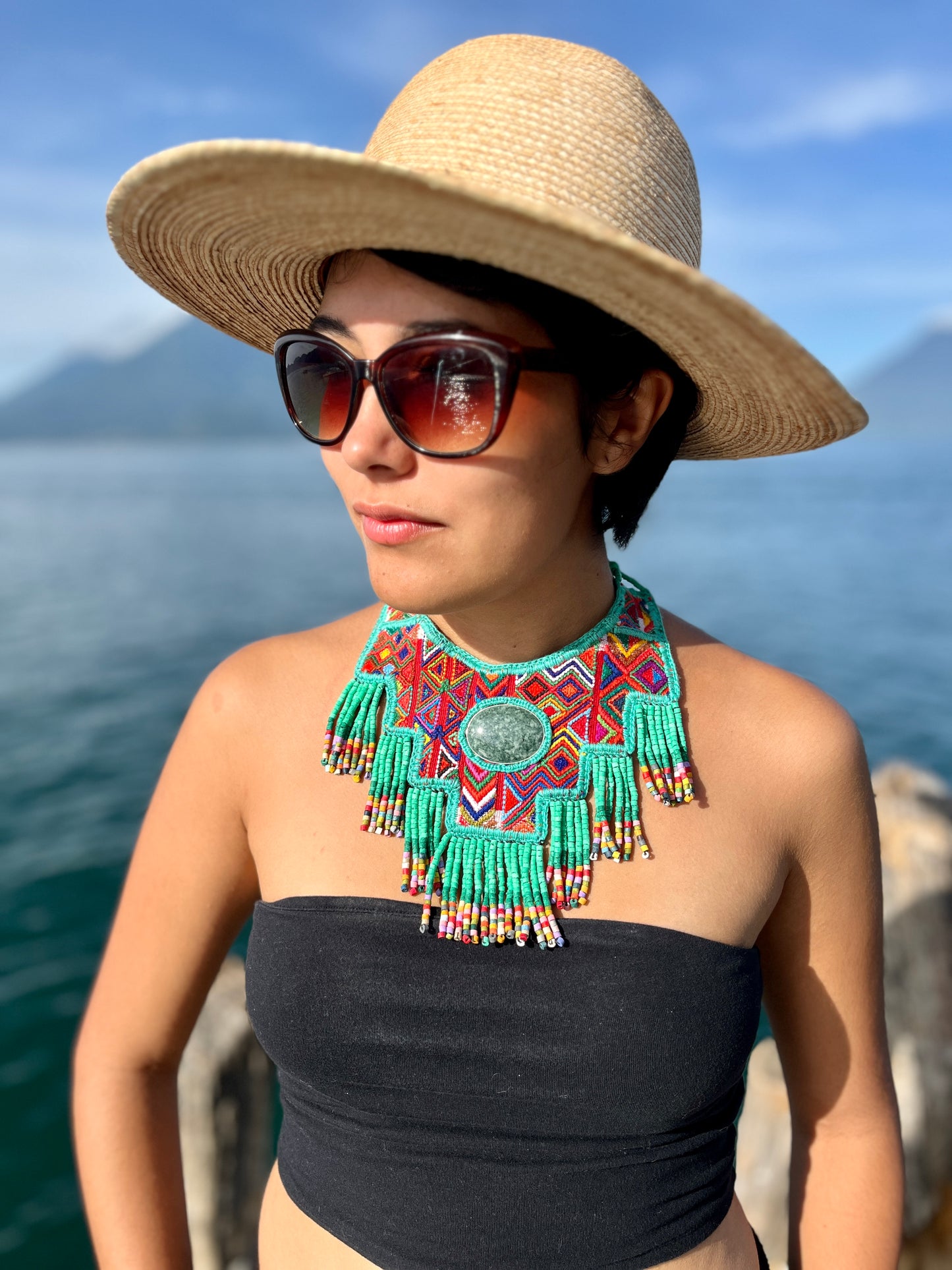 Statement Bib Collar, Precious Jade & Fringes, Adjustable - "Babero", Blues