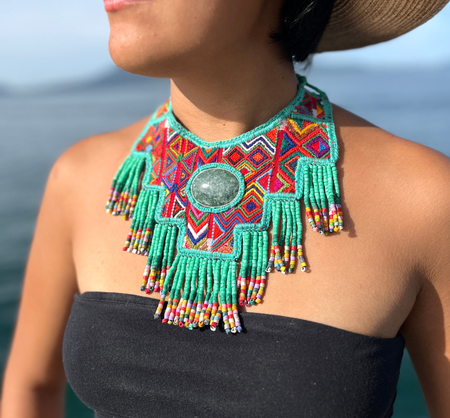 Statement Bib Collar, Precious Jade & Fringes, Adjustable - "Babero", Blues