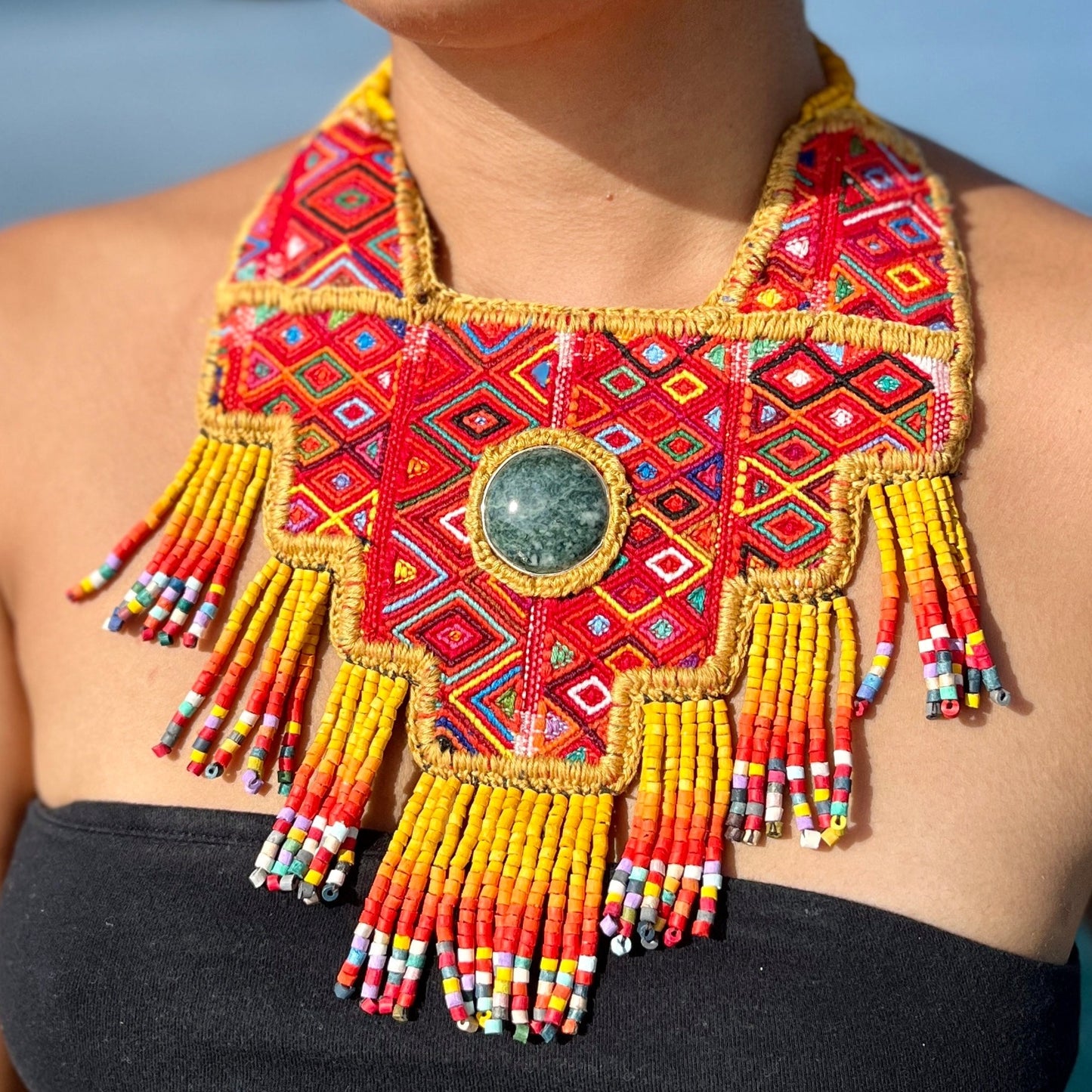 Statement Bib Collar, Precious Jade & Fringes, Adjustable - "Babero"