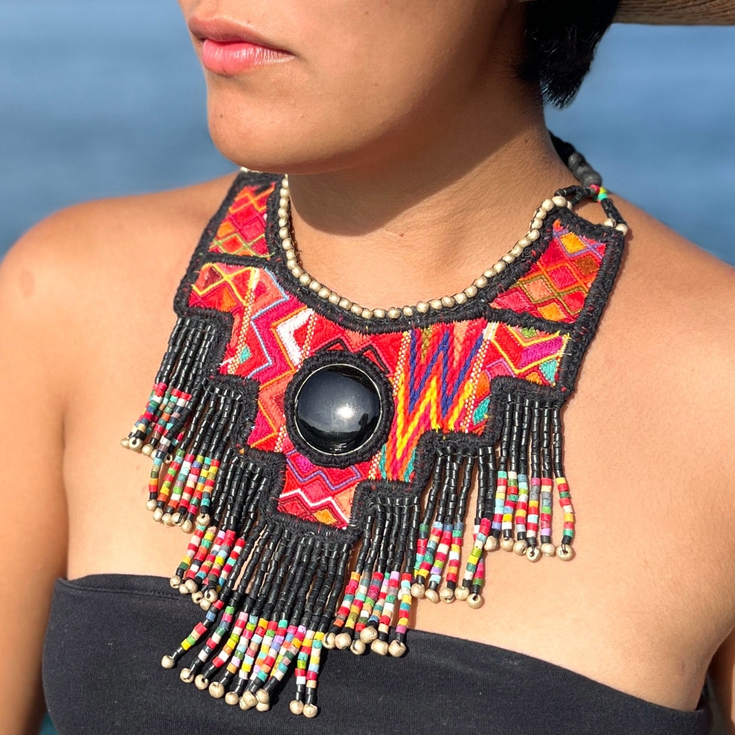 Statement Bib Collar, Precious Jade & Fringes, Adjustable - "Babero"