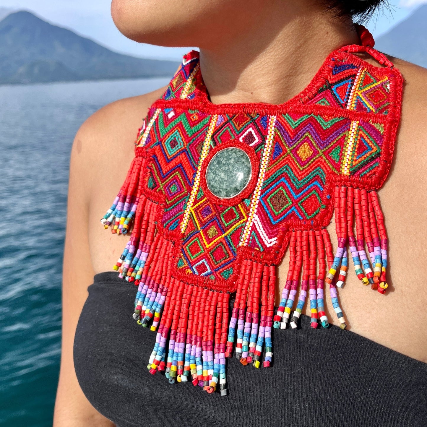 Statement Bib Collar, Precious Jade & Fringes, Adjustable - "Babero"