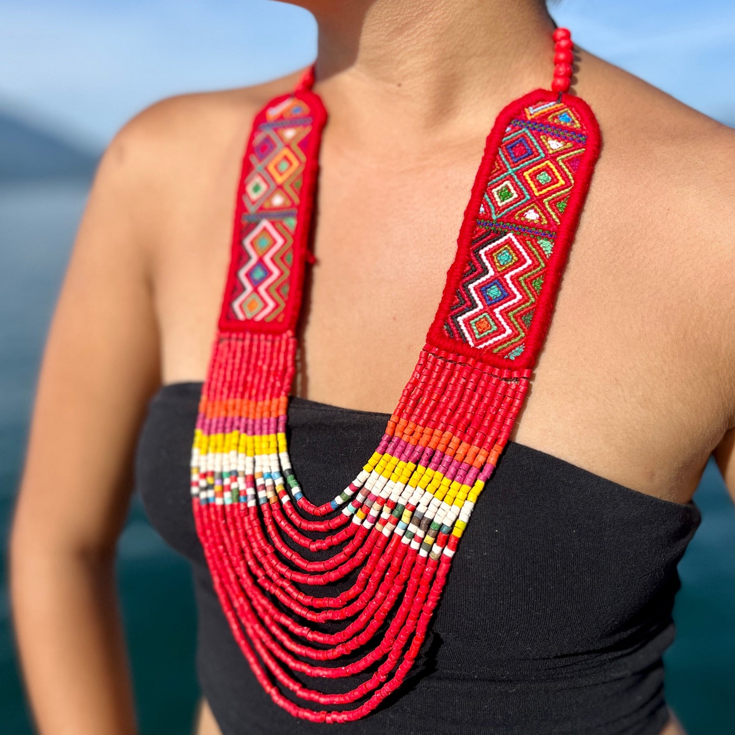 Ceremonial Two-Piece Textile Necklace, Adjustable - "Aguacatán", Vibrants