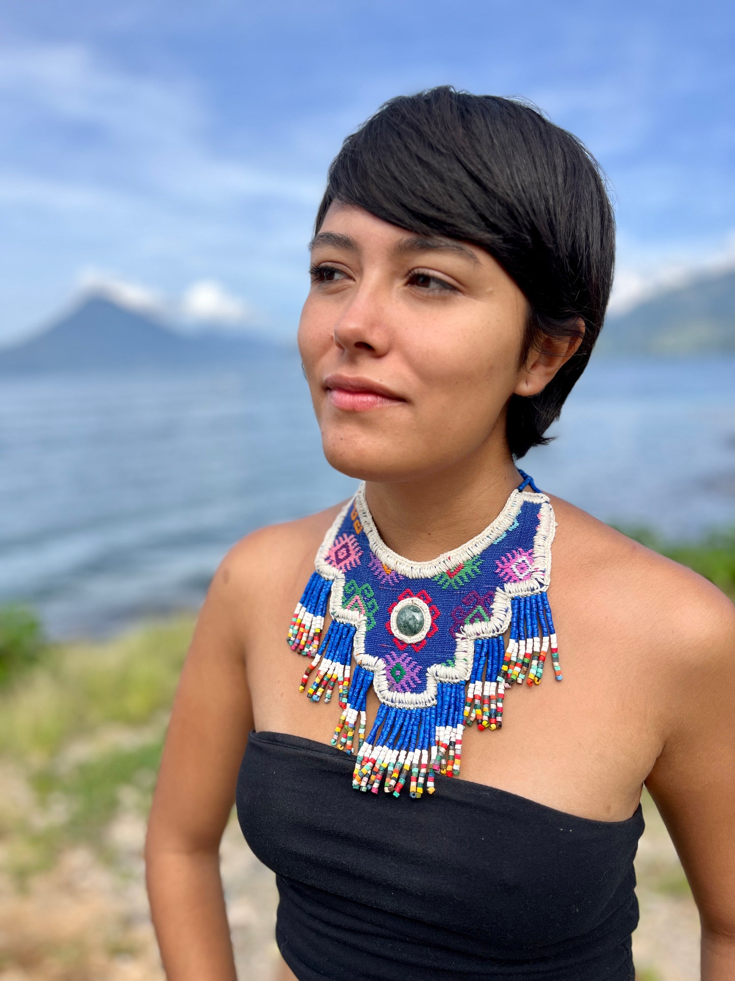 Statement Bib Collar, Precious Jade & Fringes, Adjustable - "Babero", Blues