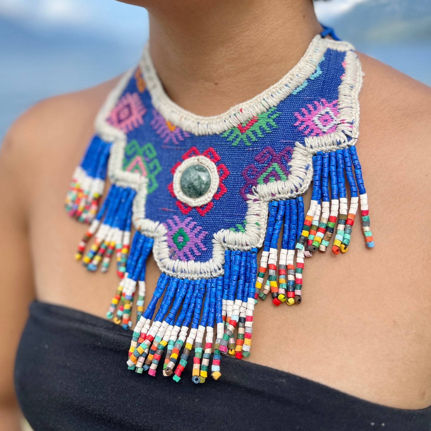 Statement Bib Collar, Precious Jade & Fringes, Adjustable - "Babero", Blues