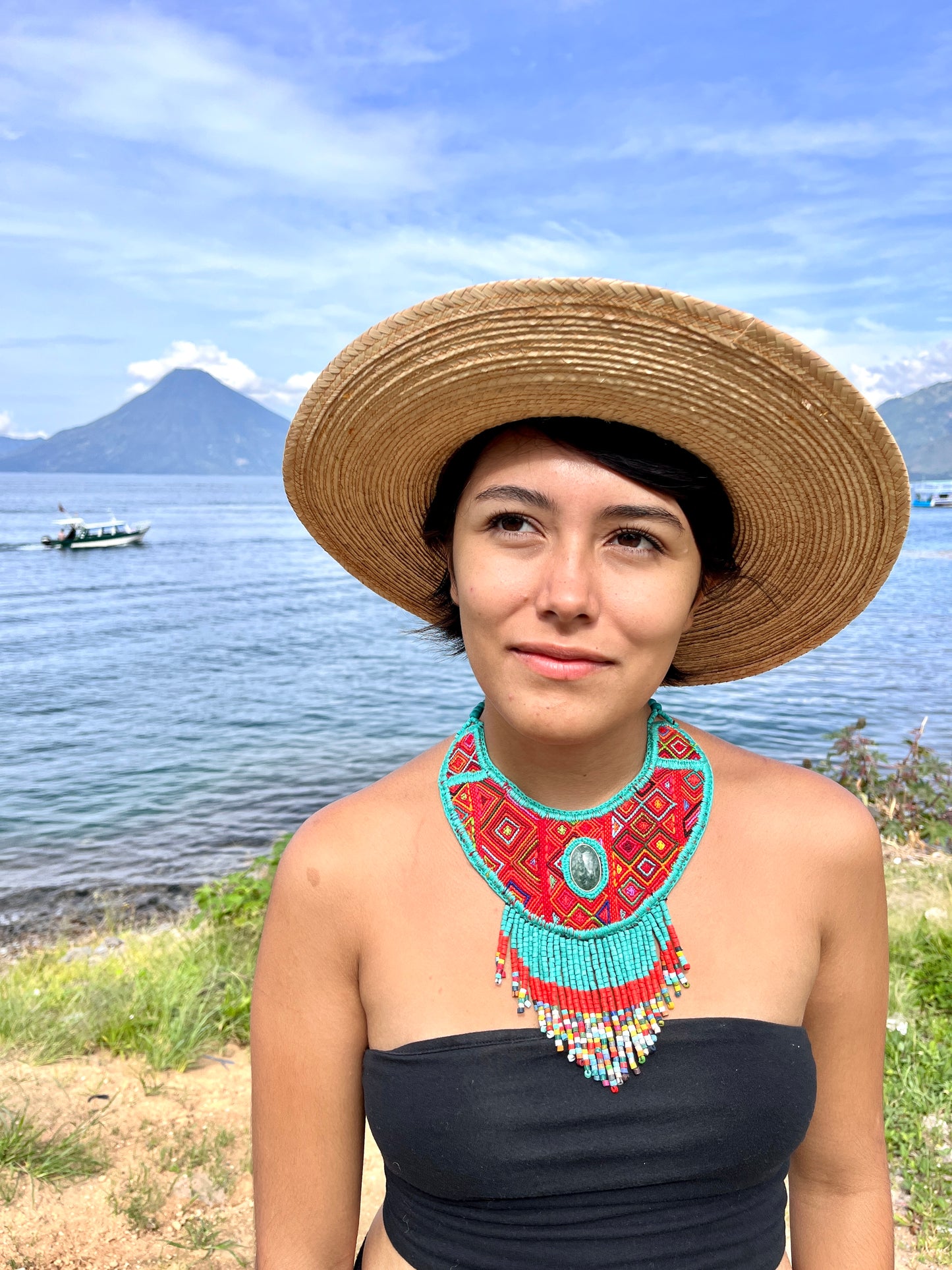 Statement Bib Collar, Precious Jade & Fringes, Adjustable - "Babero", Blues