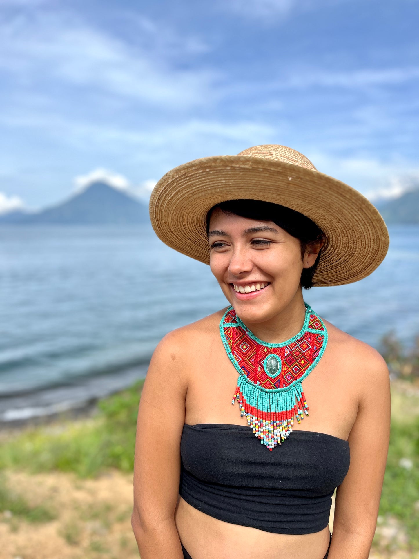 Statement Bib Collar, Precious Jade & Fringes, Adjustable - "Babero", Blues