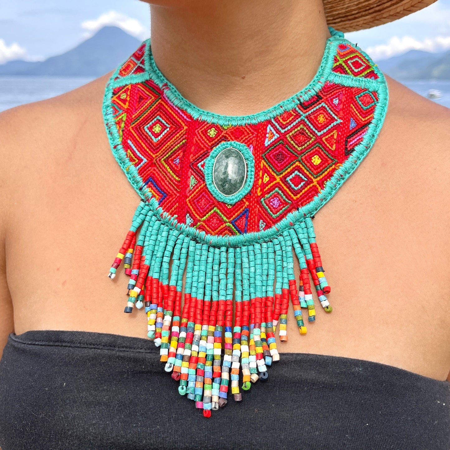 Statement Bib Collar, Precious Jade & Fringes, Adjustable - "Babero", Blues