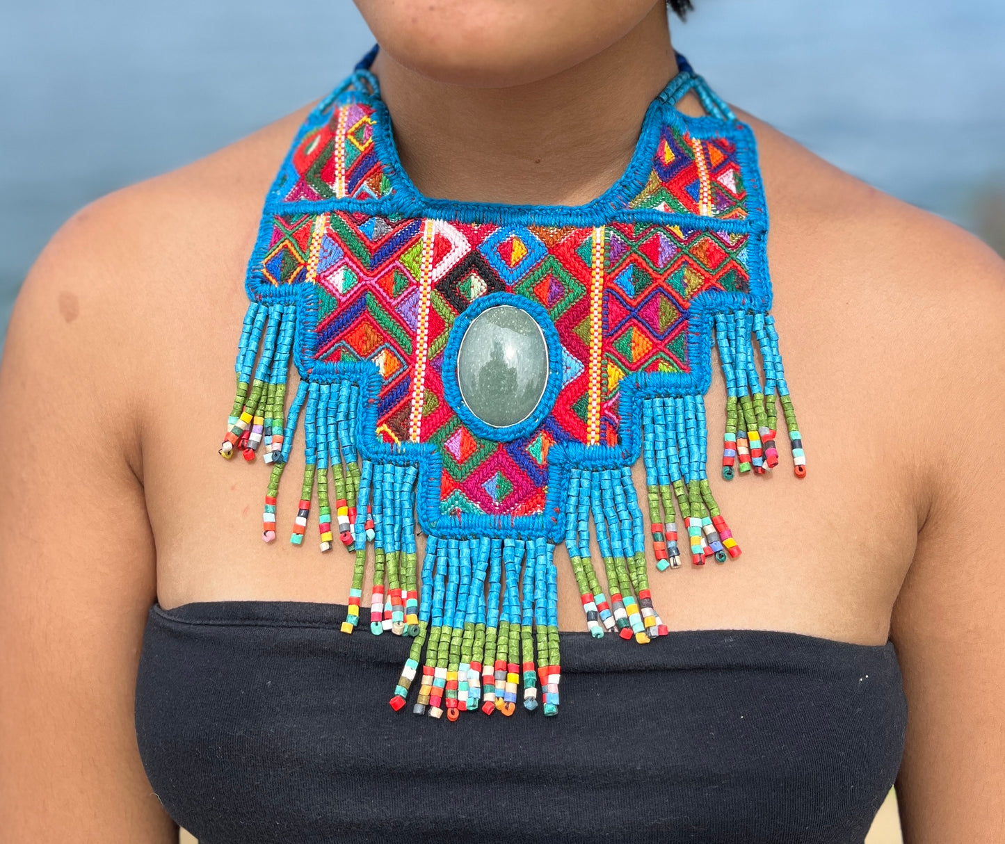 Statement Bib Collar, Precious Jade & Fringes, Adjustable - "Babero", Blues