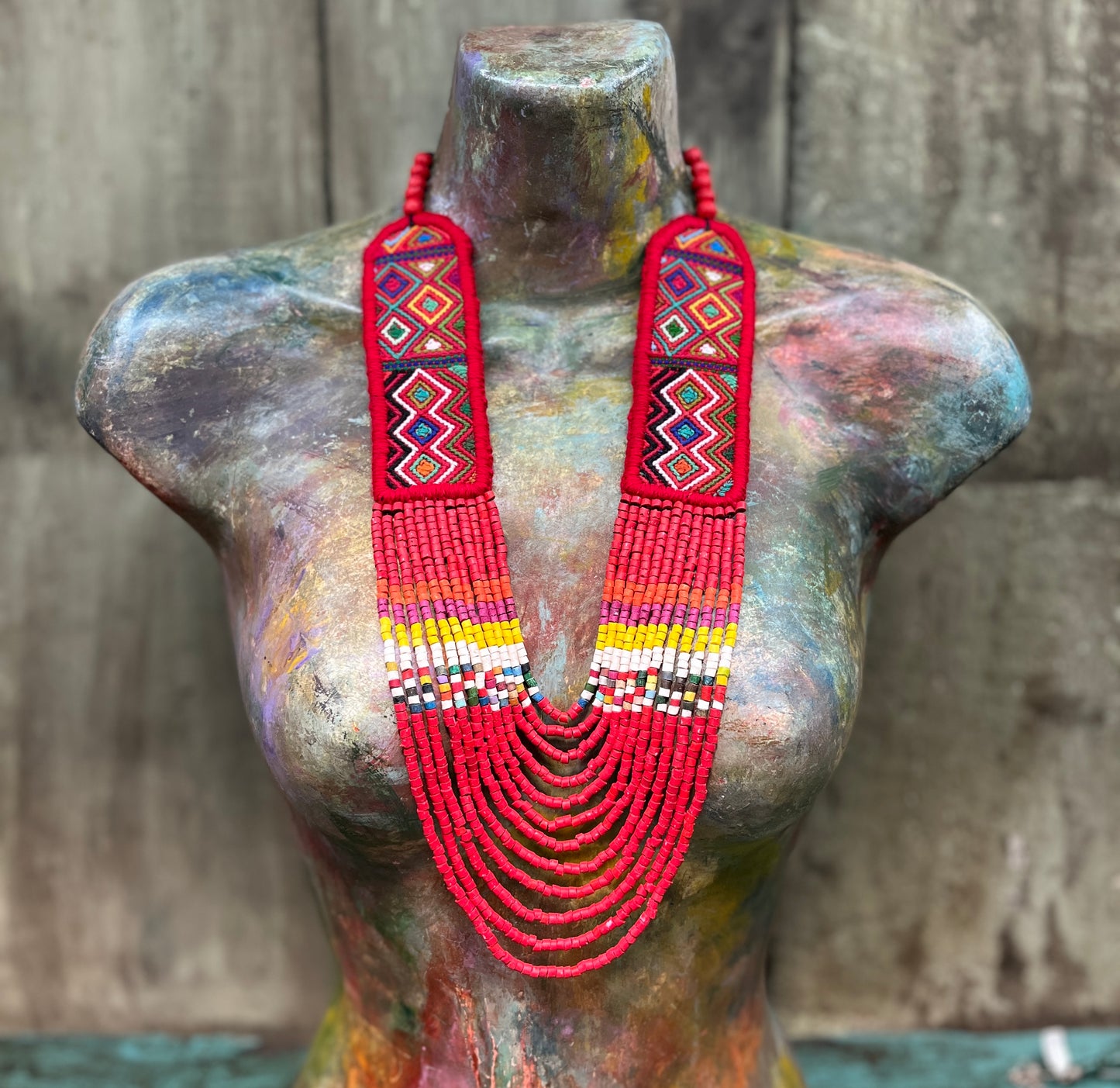 Ceremonial Two-Piece Textile Necklace, Adjustable - "Aguacatán", Vibrants