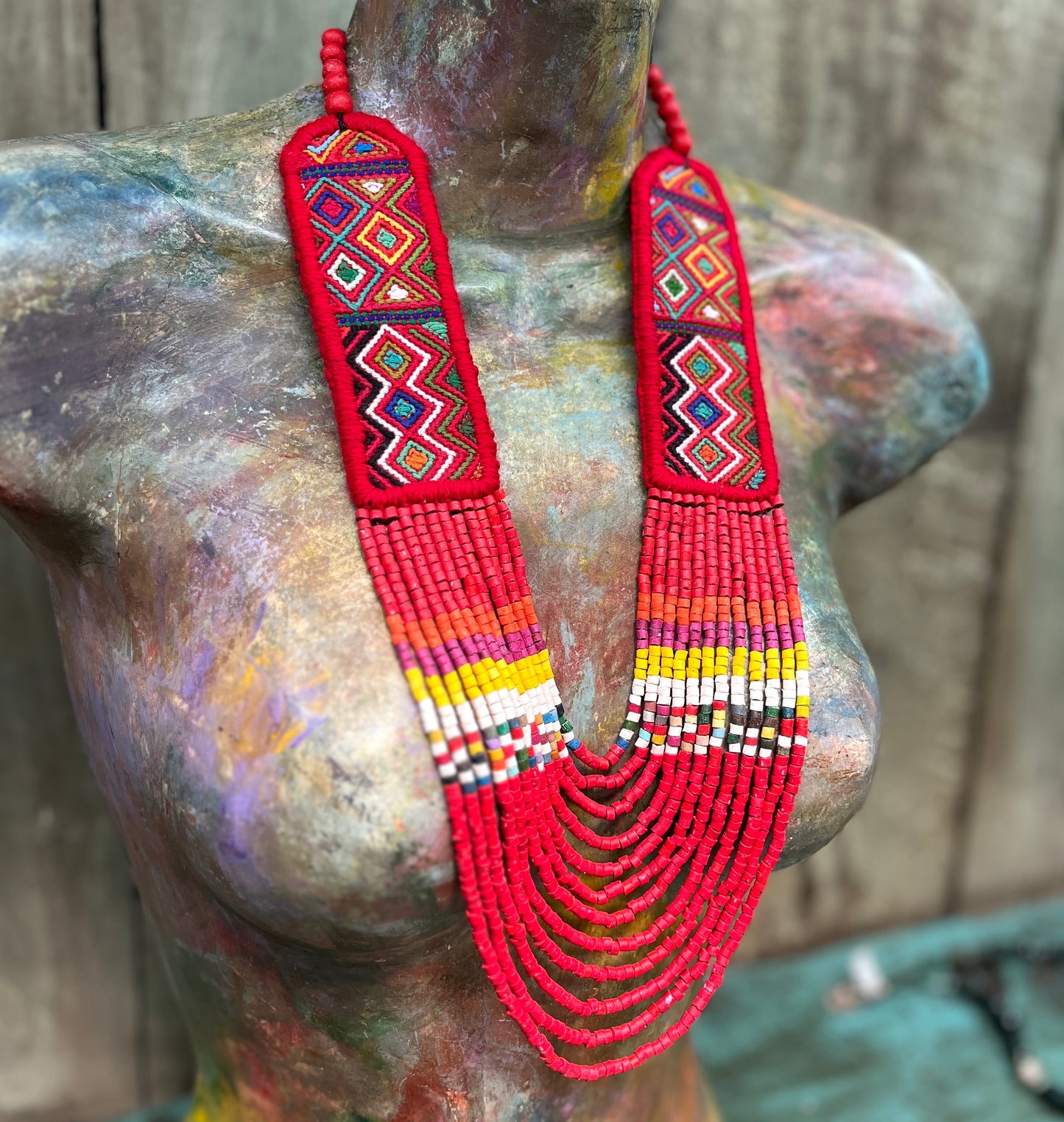 Ceremonial Two-Piece Textile Necklace, Adjustable - "Aguacatán", Vibrants