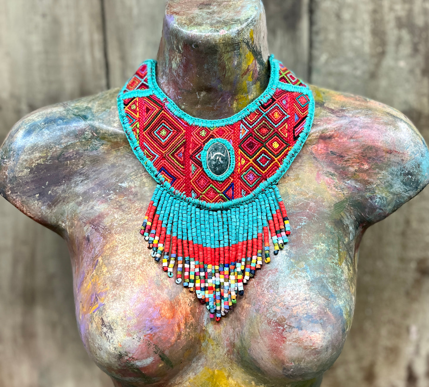 Statement Bib Collar, Precious Jade & Fringes, Adjustable - "Babero", Blues