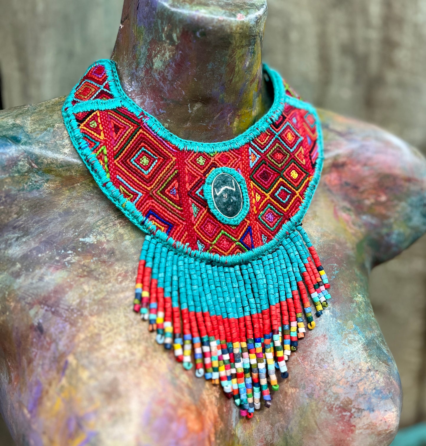 Statement Bib Collar, Precious Jade & Fringes, Adjustable - "Babero", Blues