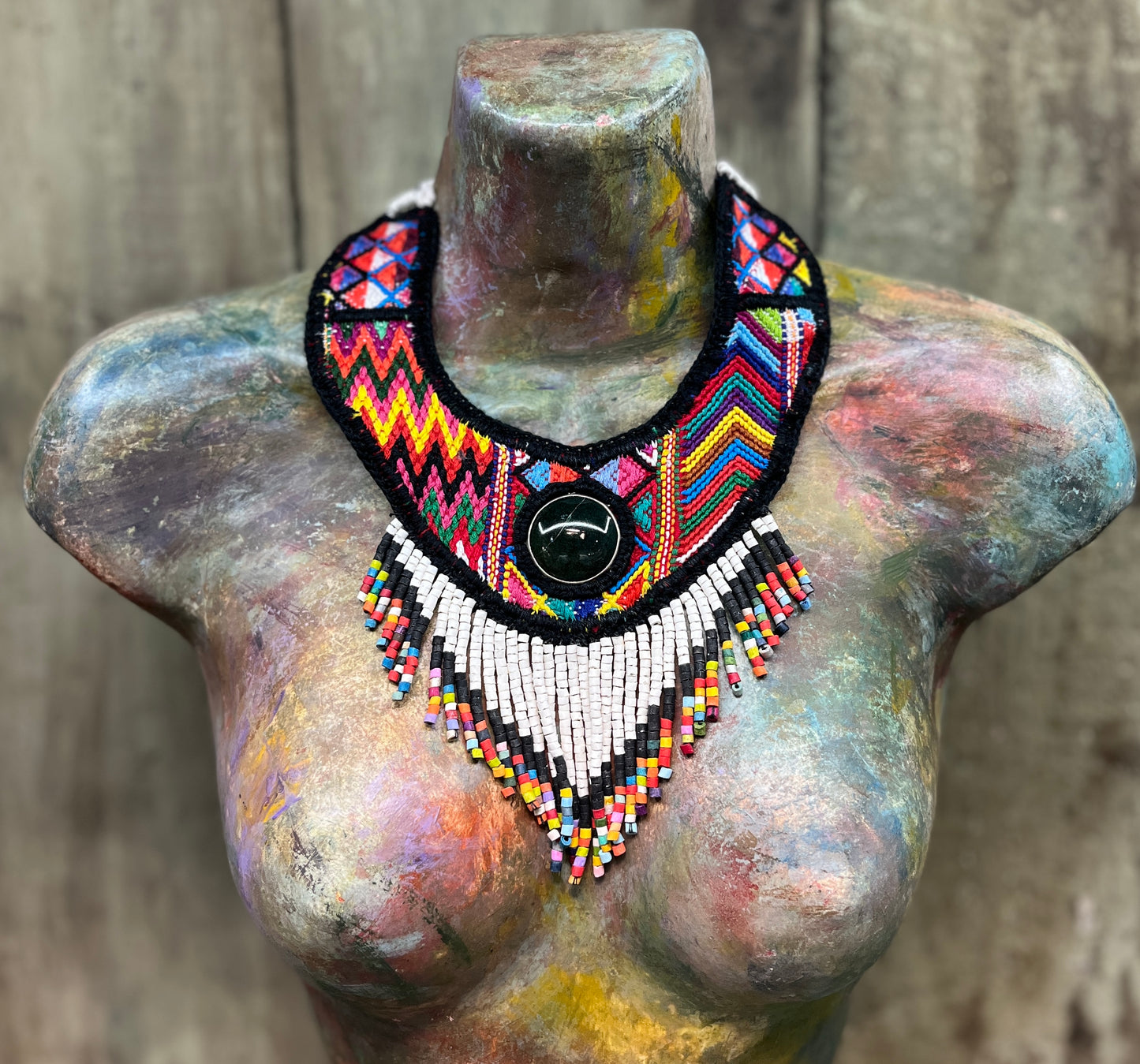 Statement Bib Collar, Precious Jade & Fringes, Adjustable - "Babero"