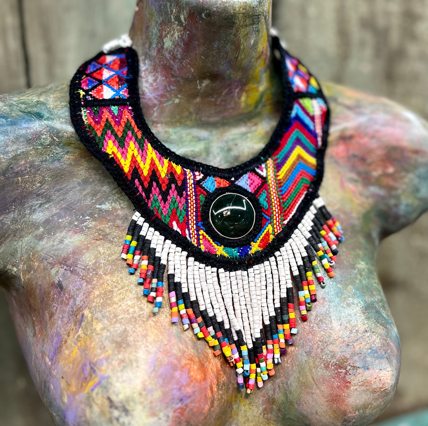 Statement Bib Collar, Precious Jade & Fringes, Adjustable - "Babero"