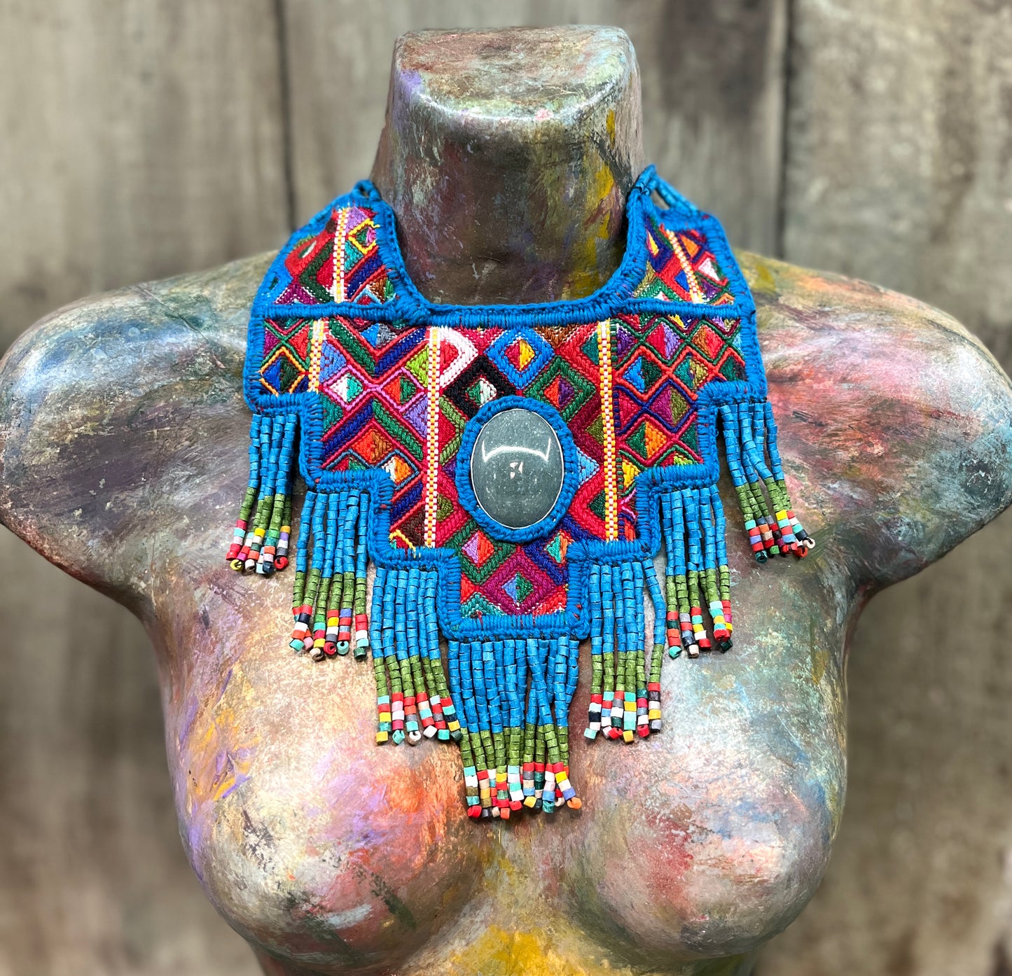 Statement Bib Collar, Precious Jade & Fringes, Adjustable - "Babero", Blues