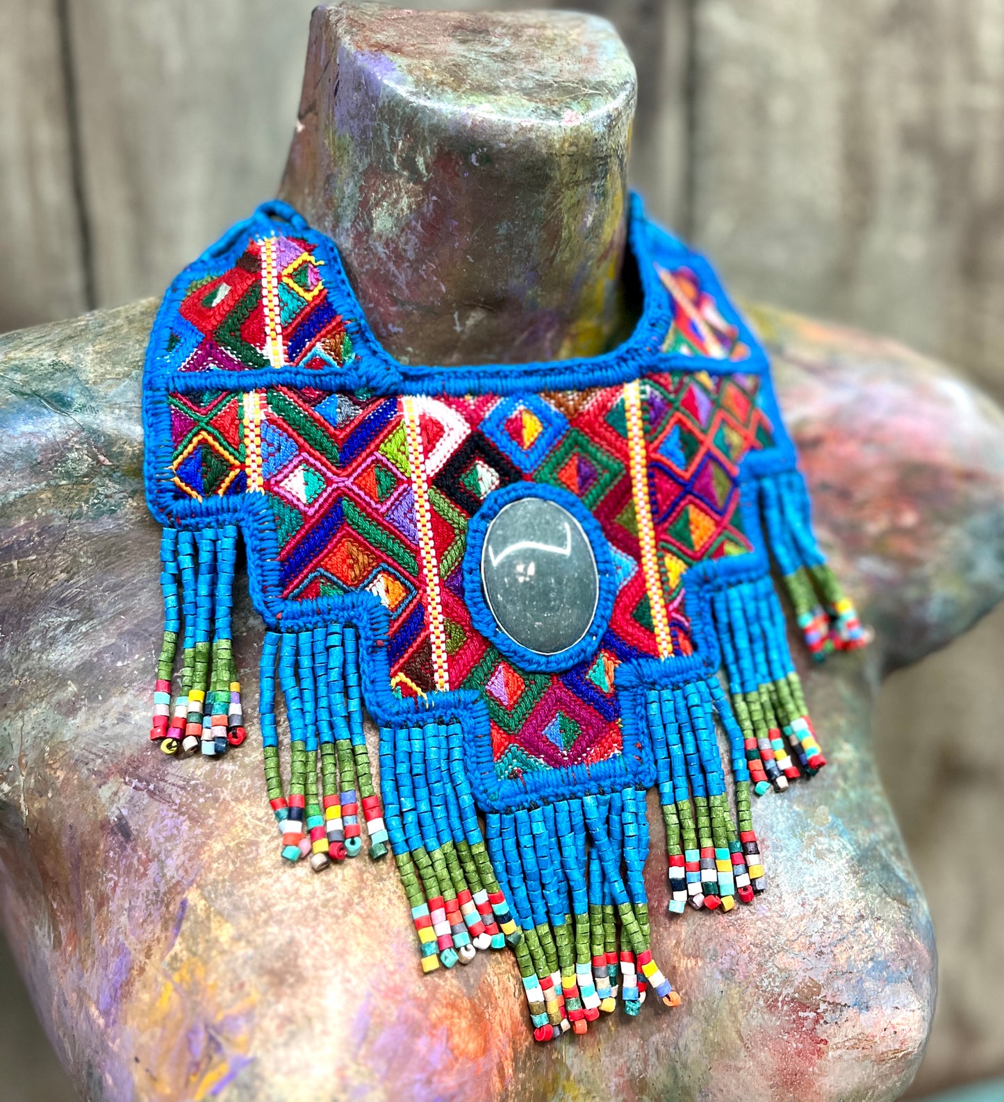 Statement Bib Collar, Precious Jade & Fringes, Adjustable - "Babero", Blues