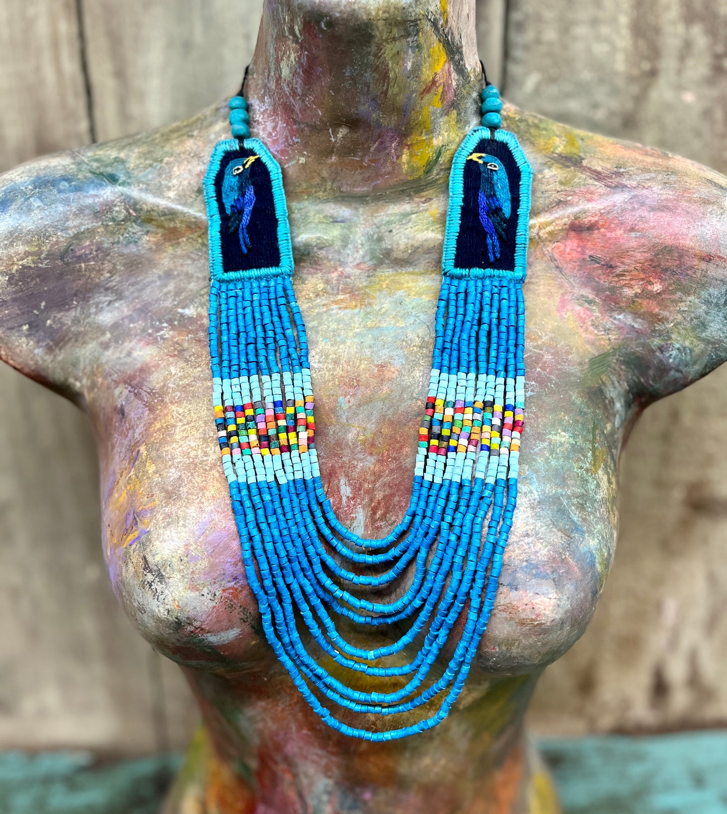 Two-piece Textile Necklaces, Adjustable - "Birds of Santiago", Vibrants