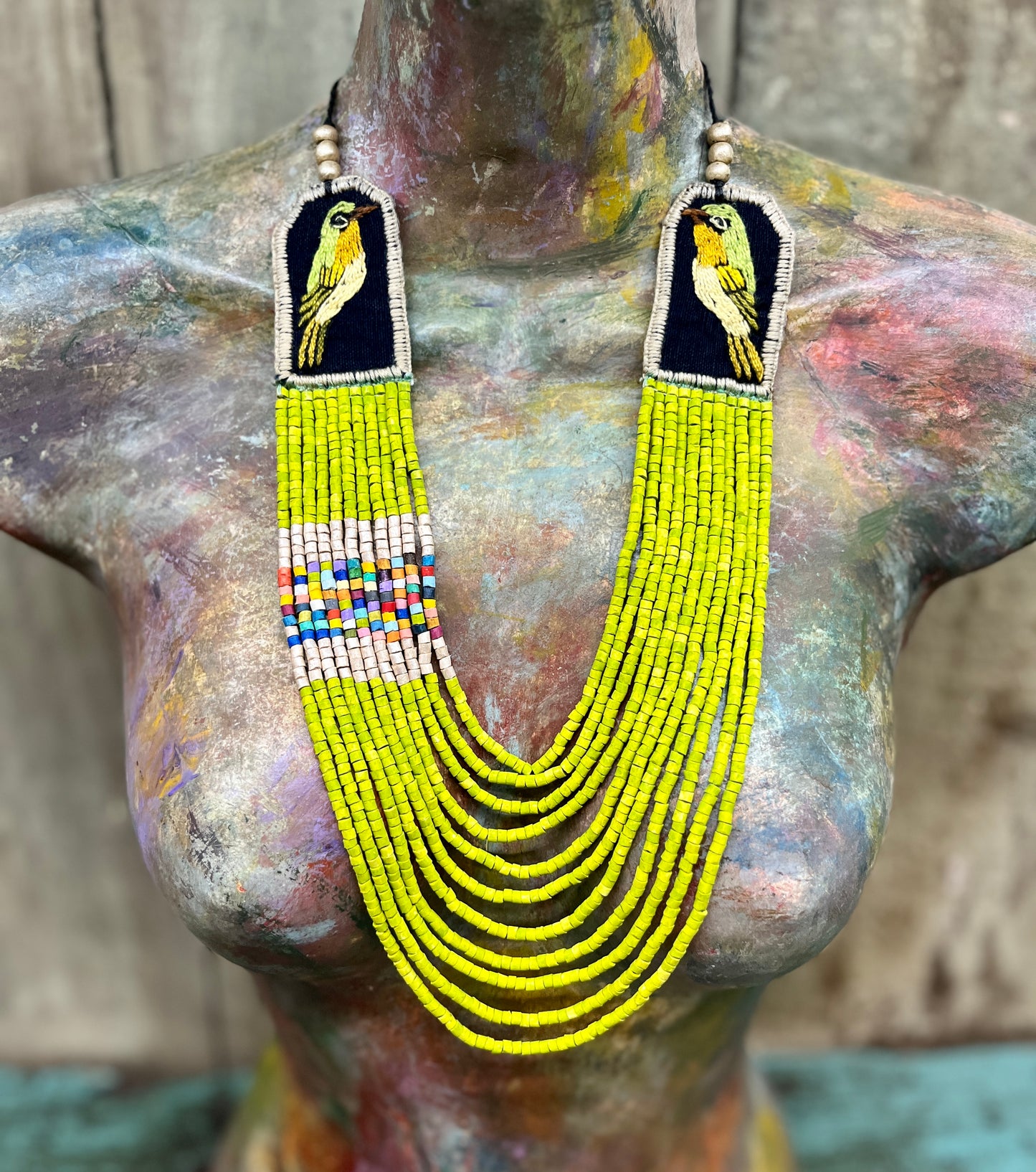 Two-piece Textile Necklaces, Adjustable - "Birds of Santiago", Vibrants