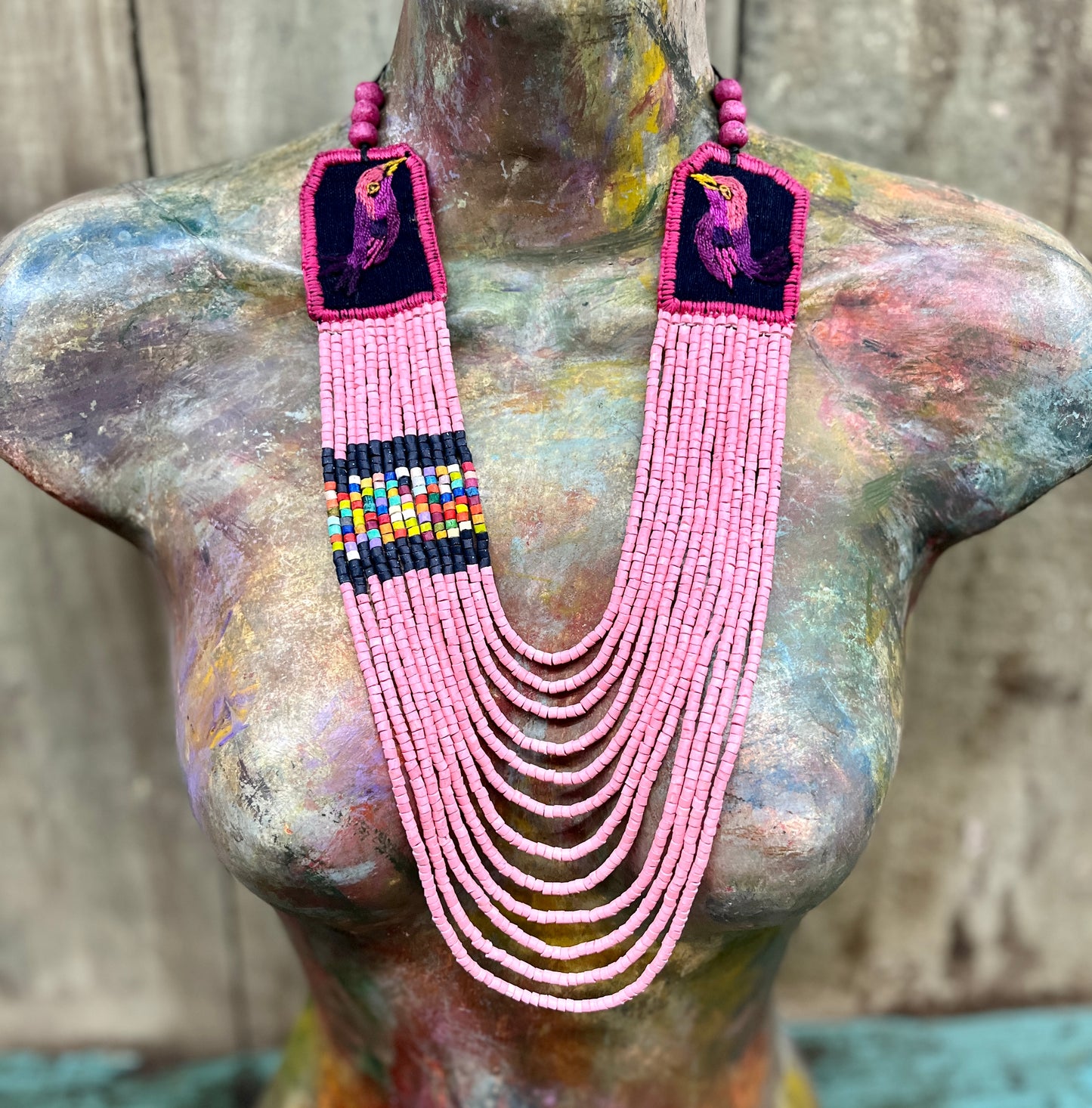 Two-piece Textile Necklaces, Adjustable - "Birds of Santiago", Vibrants