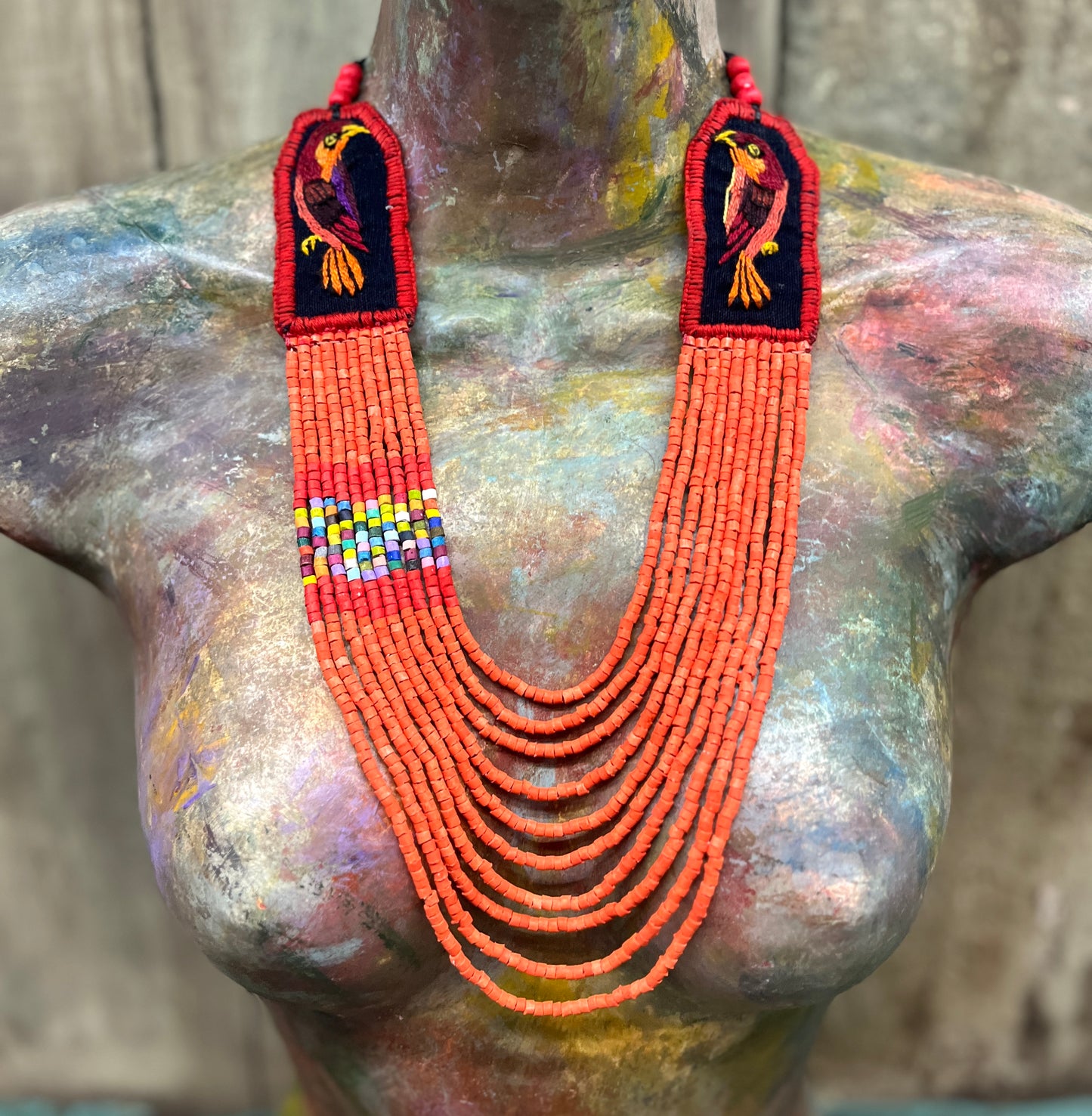 Two-piece Textile Necklaces, Adjustable - "Birds of Santiago", Vibrants