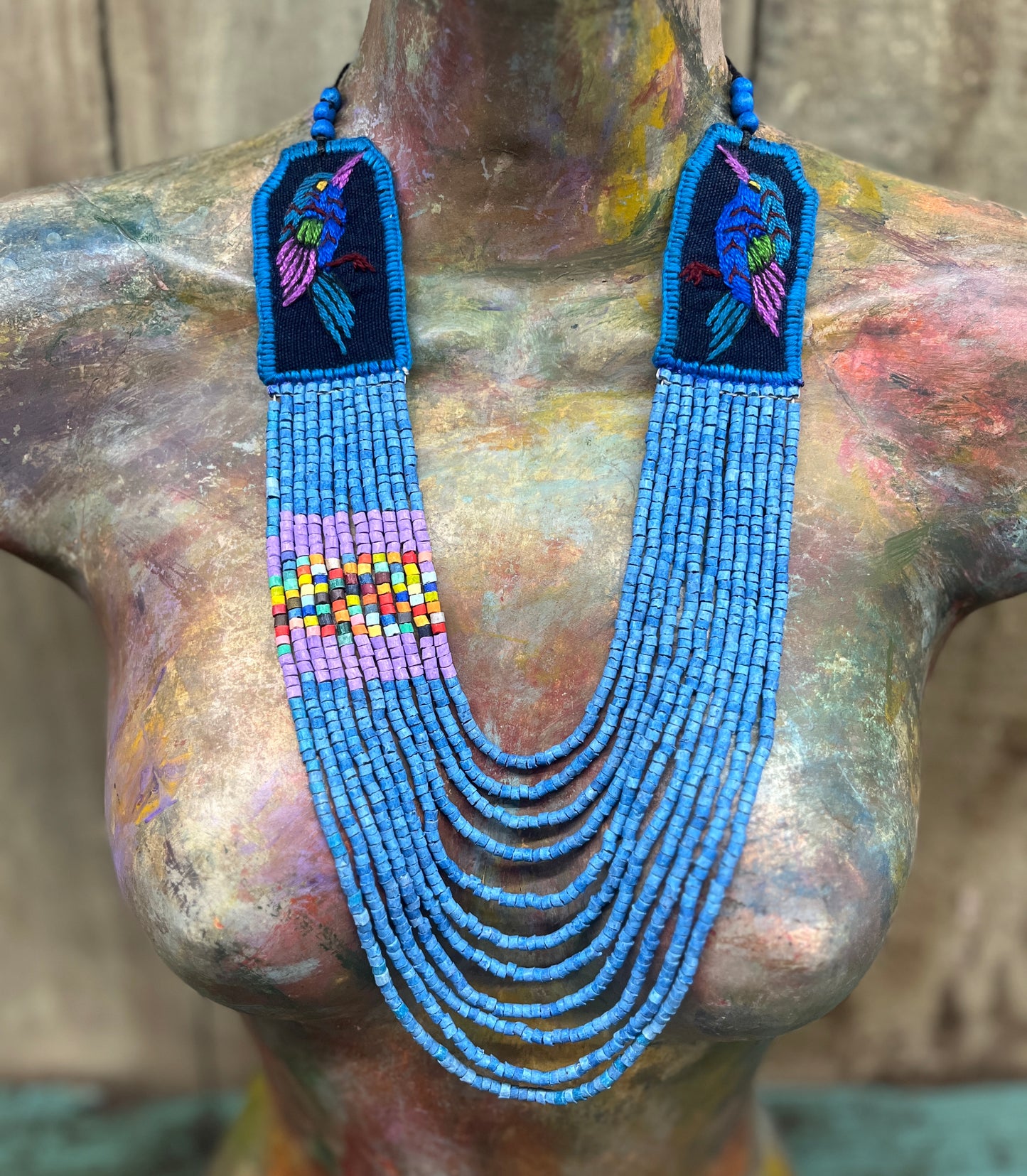 Two-piece Textile Necklaces, Adjustable - "Birds of Santiago", Vibrants