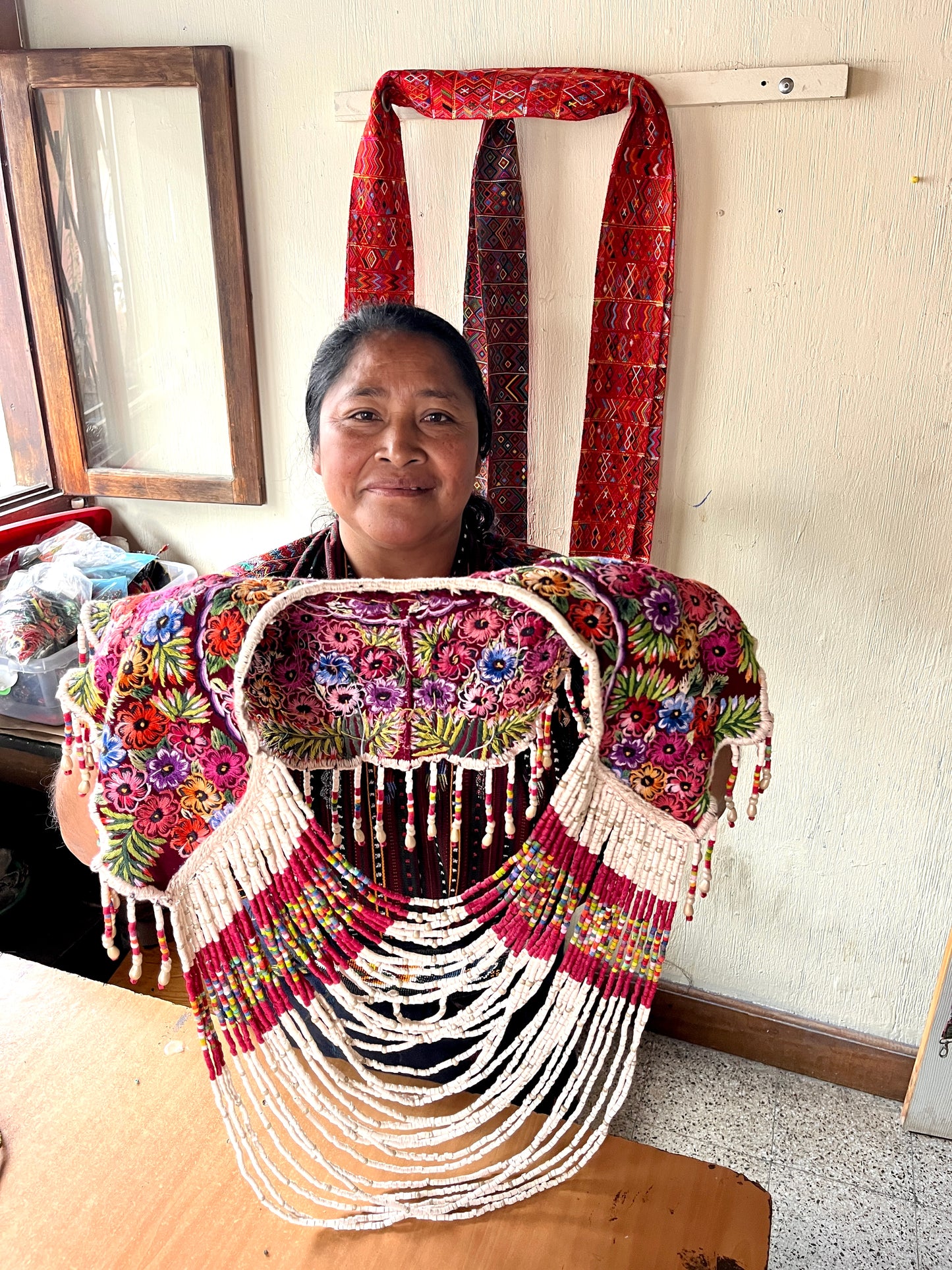 Textile Cape with Beaded Body Chains - "Huipil Capa", Floral