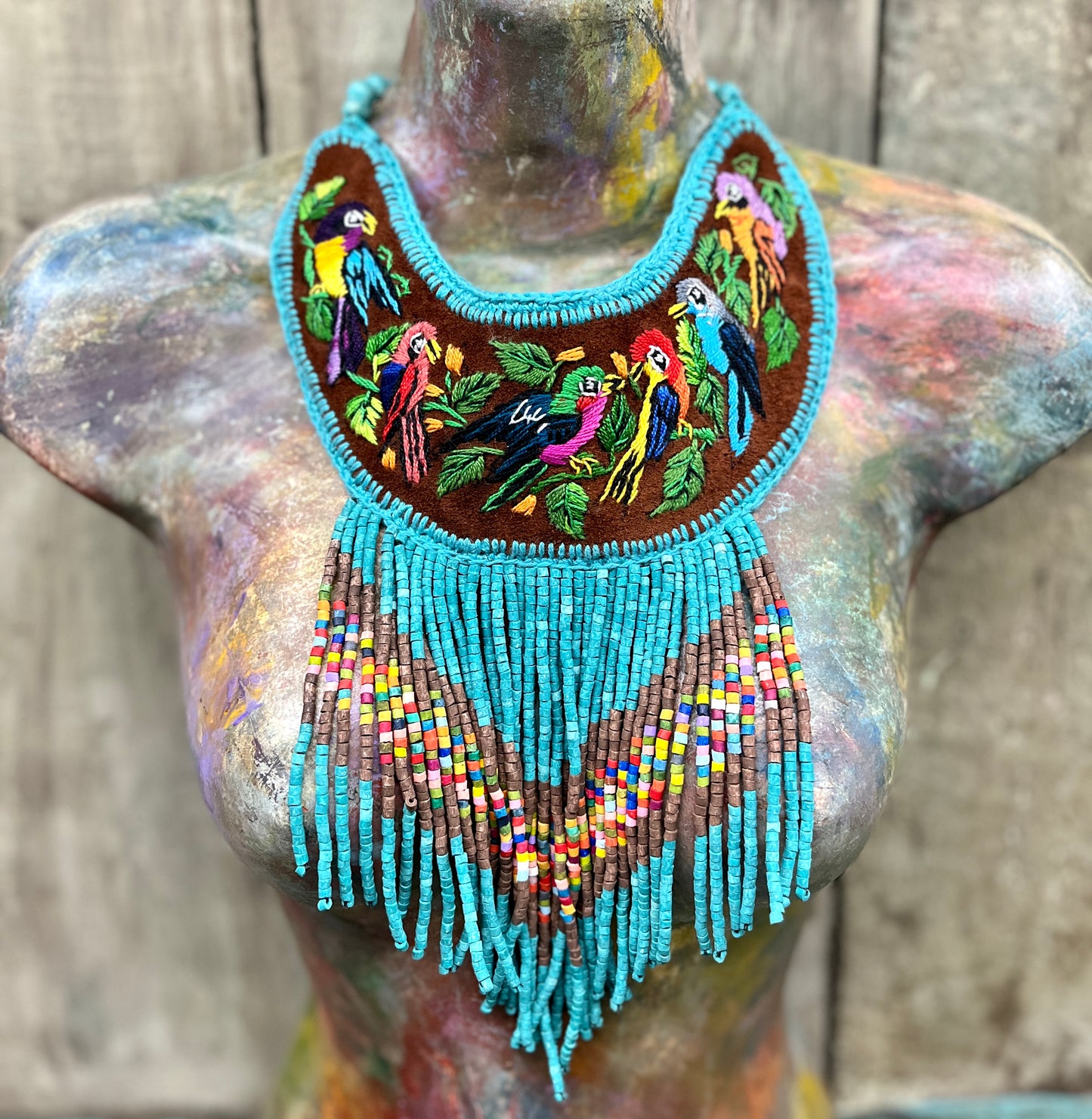 Embroidered Bib Collars with Fringes, Adjustable - "Birds of Santiago"