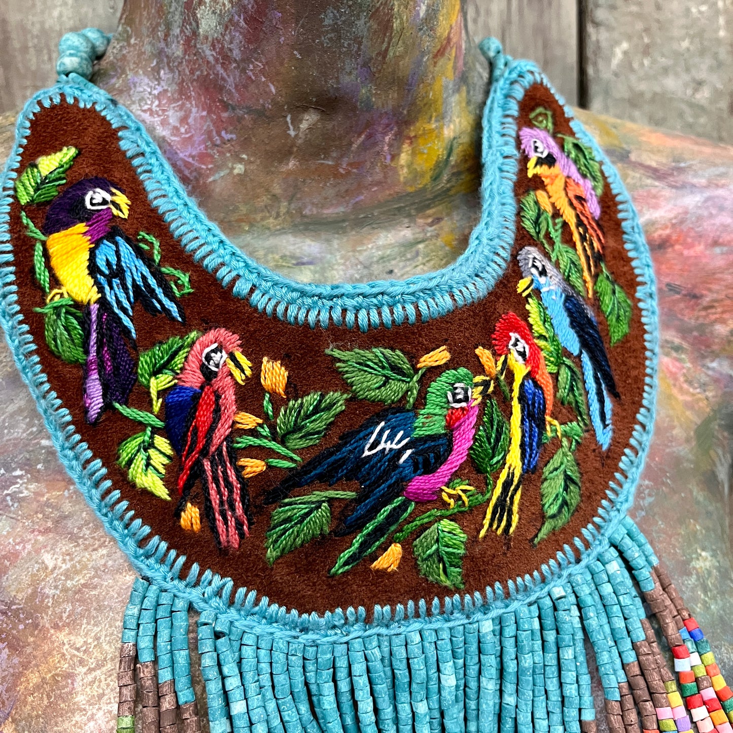 Embroidered Bib Collars with Fringes, Adjustable - "Birds of Santiago"