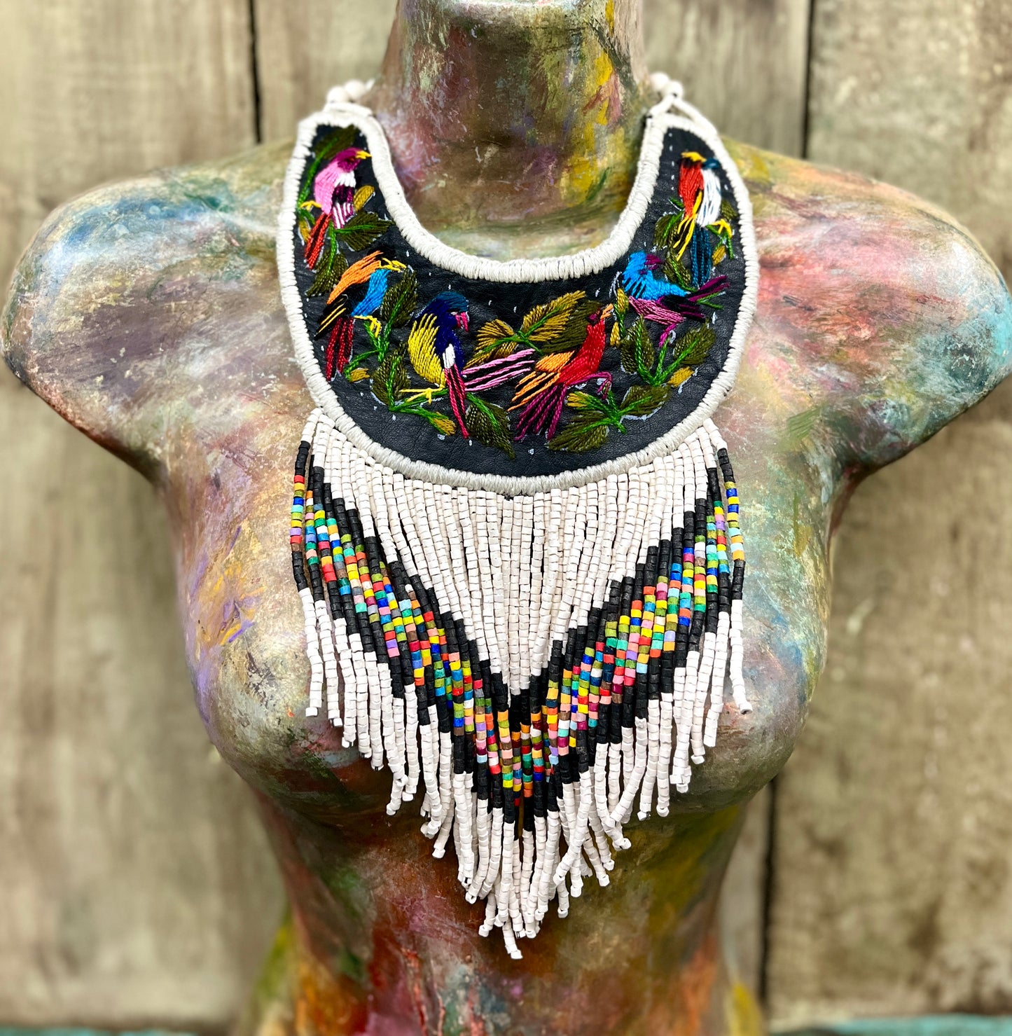 Embroidered Bib Collars with Fringes, Adjustable - "Birds of Santiago"