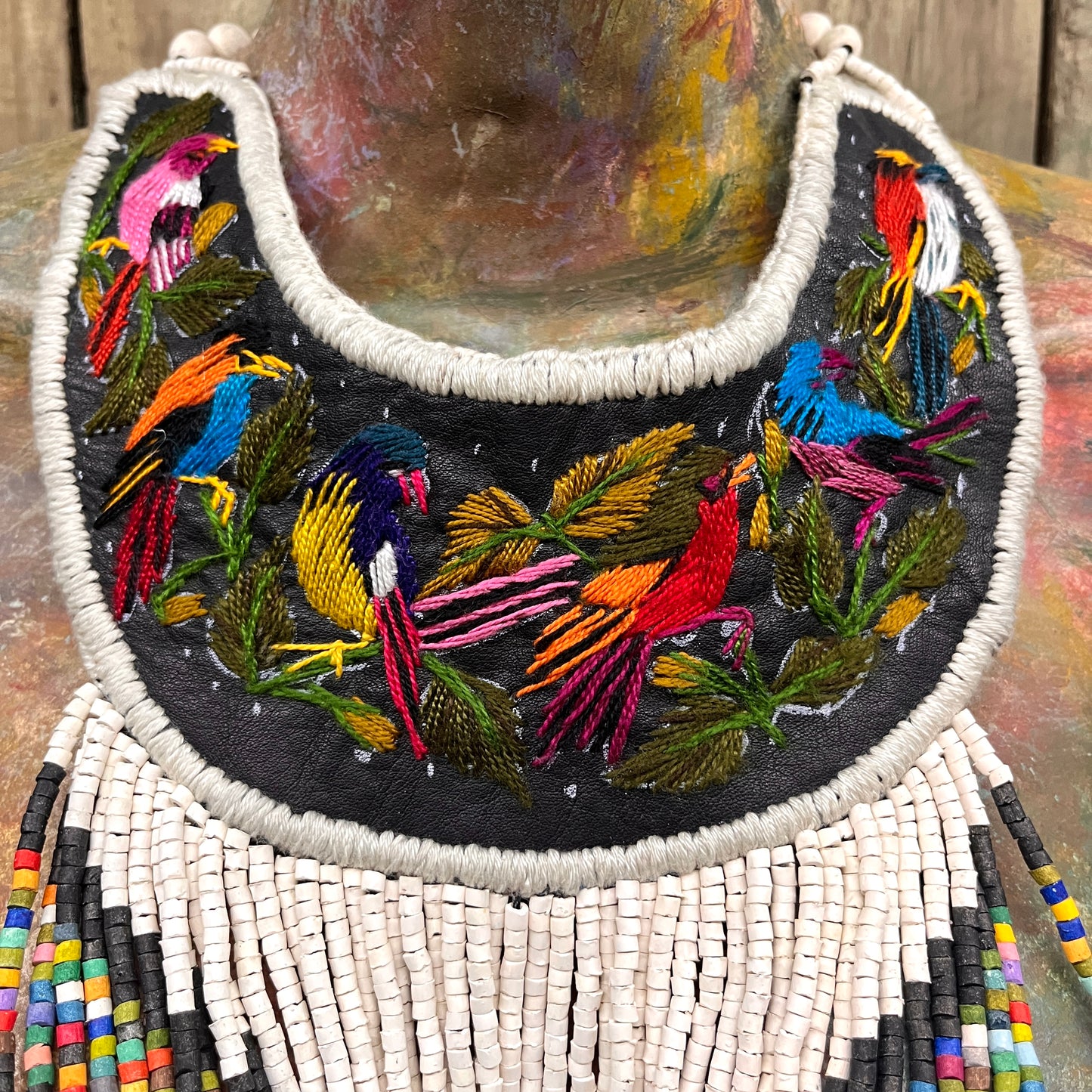 Embroidered Bib Collars with Fringes, Adjustable - "Birds of Santiago"