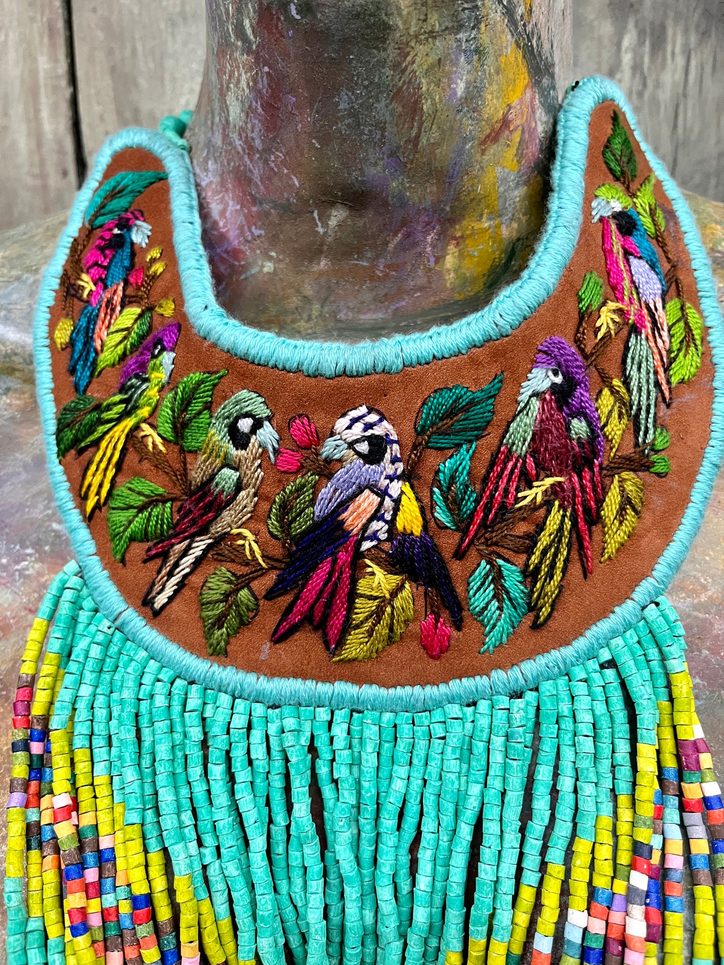 Embroidered Bib Collars with Fringes, Adjustable - "Birds of Santiago"