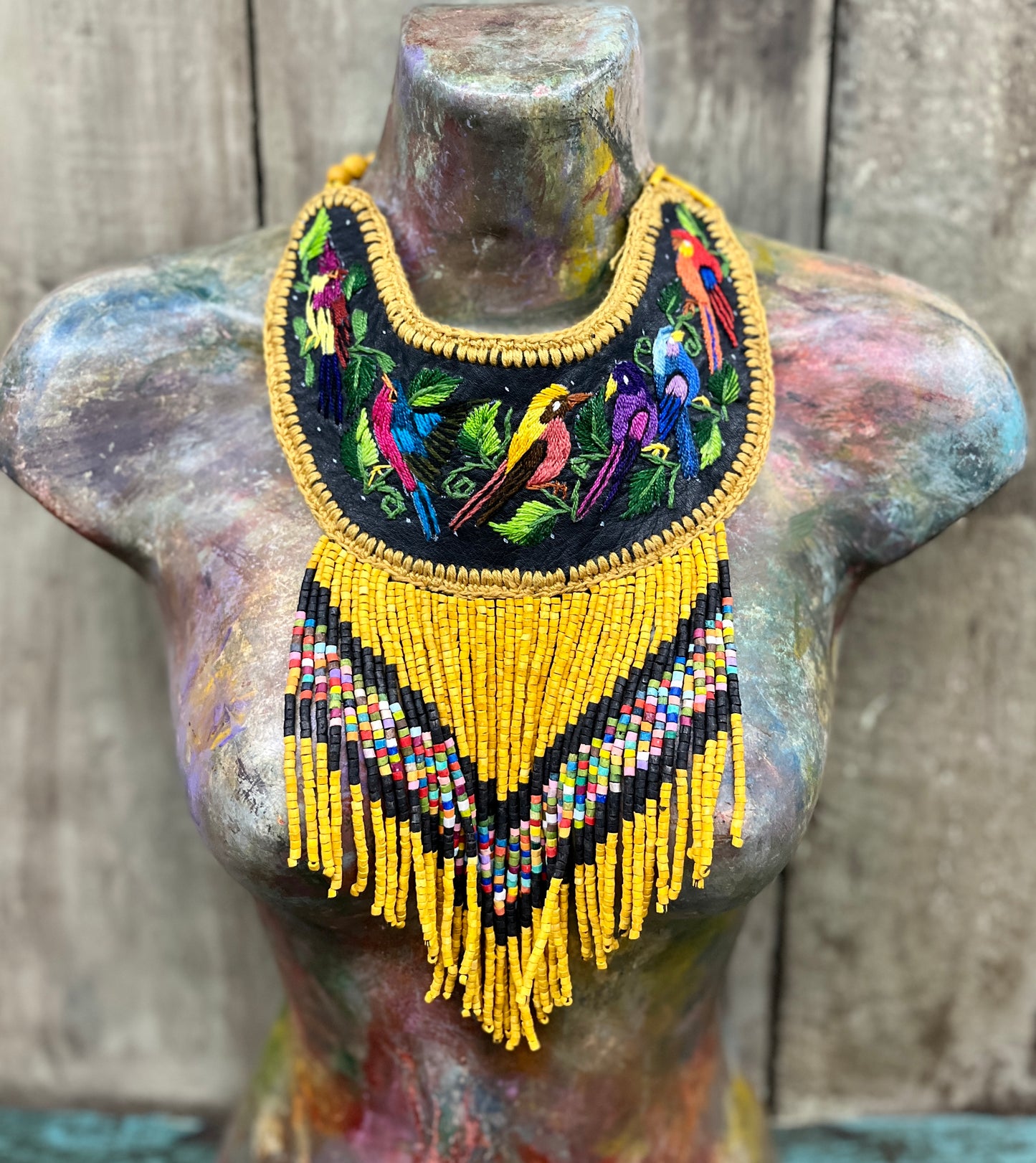 Embroidered Bib Collars with Fringes, Adjustable - "Birds of Santiago"