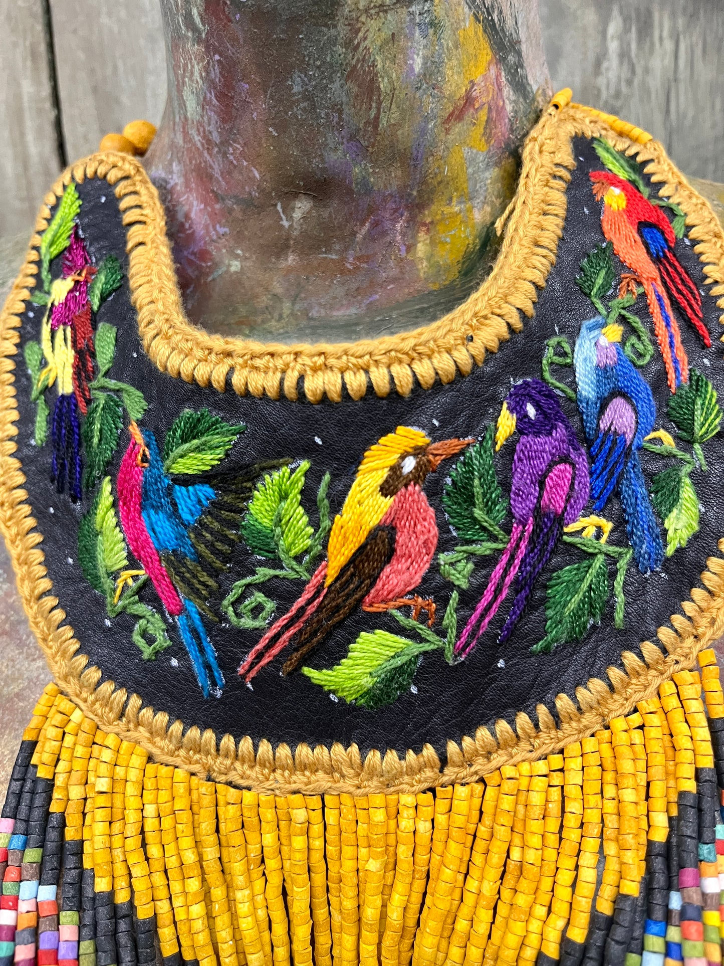 Embroidered Bib Collars with Fringes, Adjustable - "Birds of Santiago"