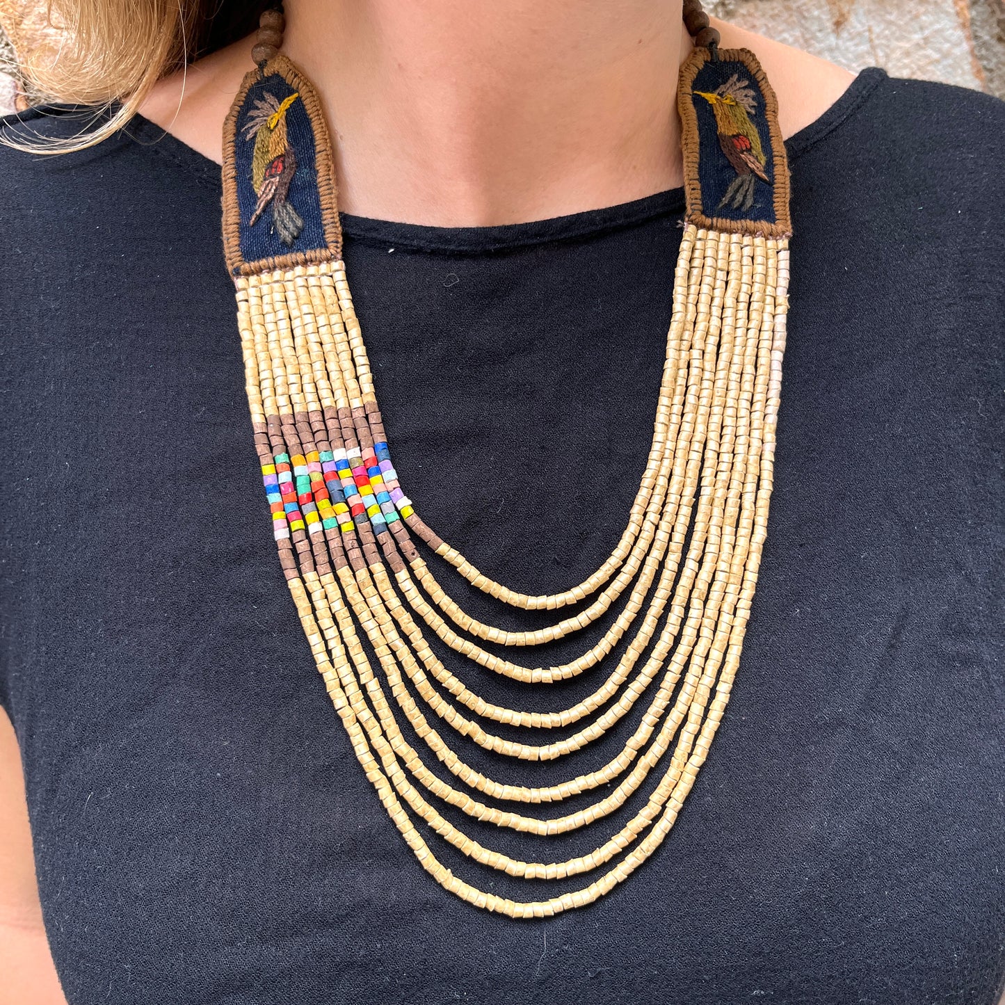 Two-piece Textile Necklaces, Adjustable - "Birds of Santiago", Neutrals