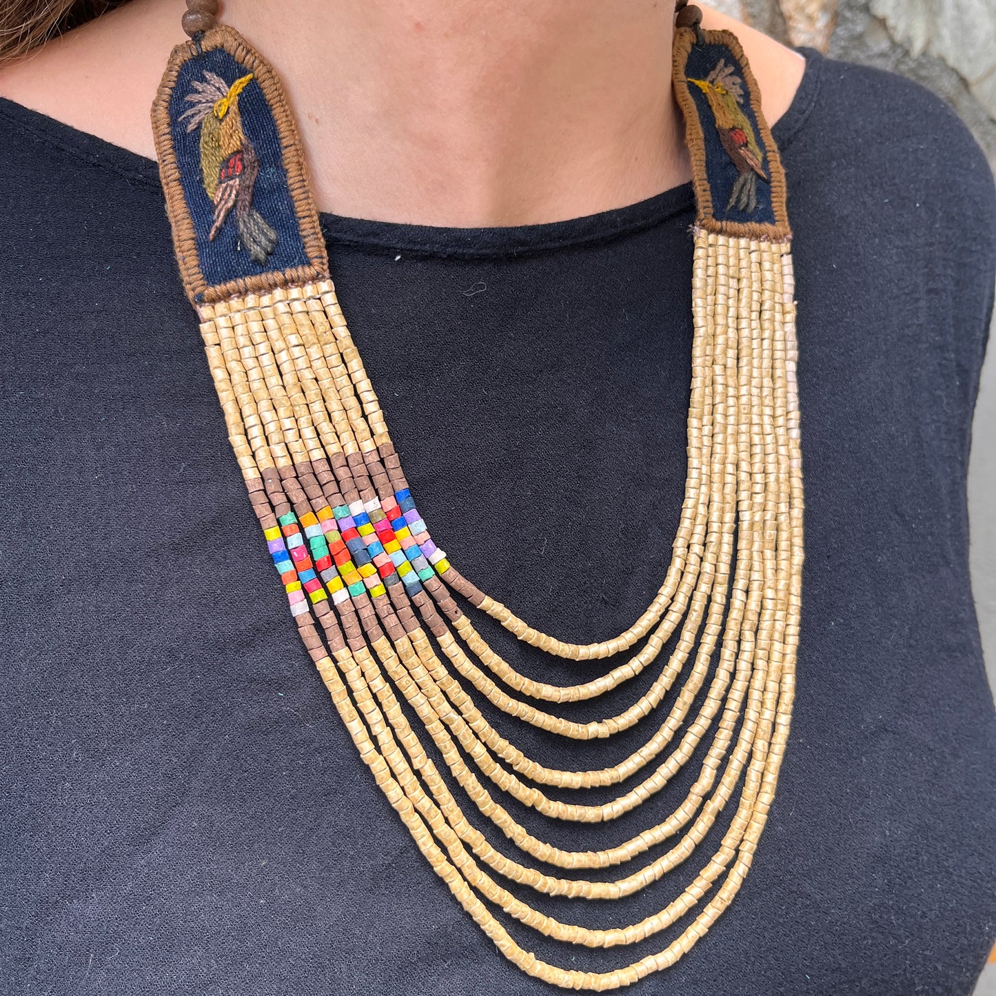 Two-piece Textile Necklaces, Adjustable - "Birds of Santiago", Neutrals