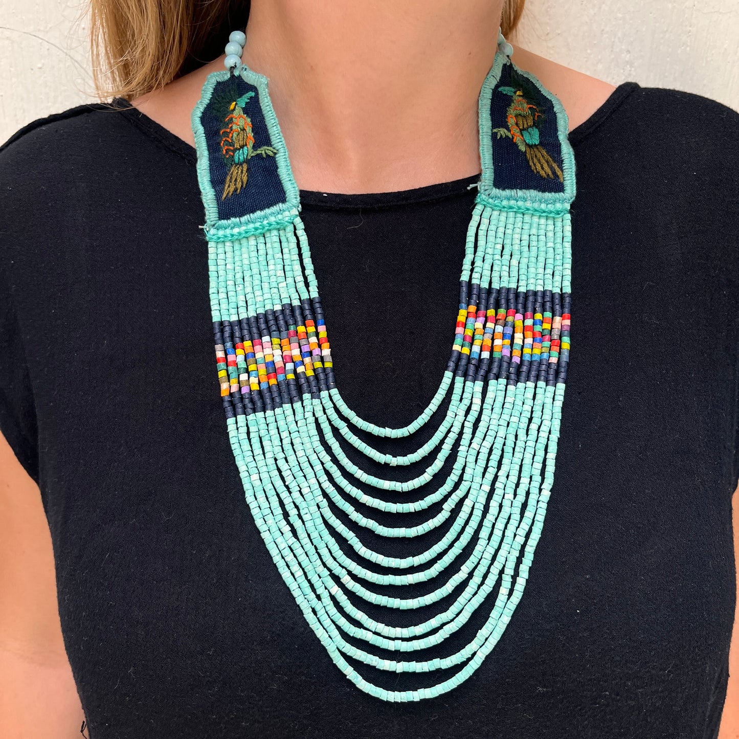 Two-piece Textile Necklaces, Adjustable - "Birds of Santiago", Neutrals