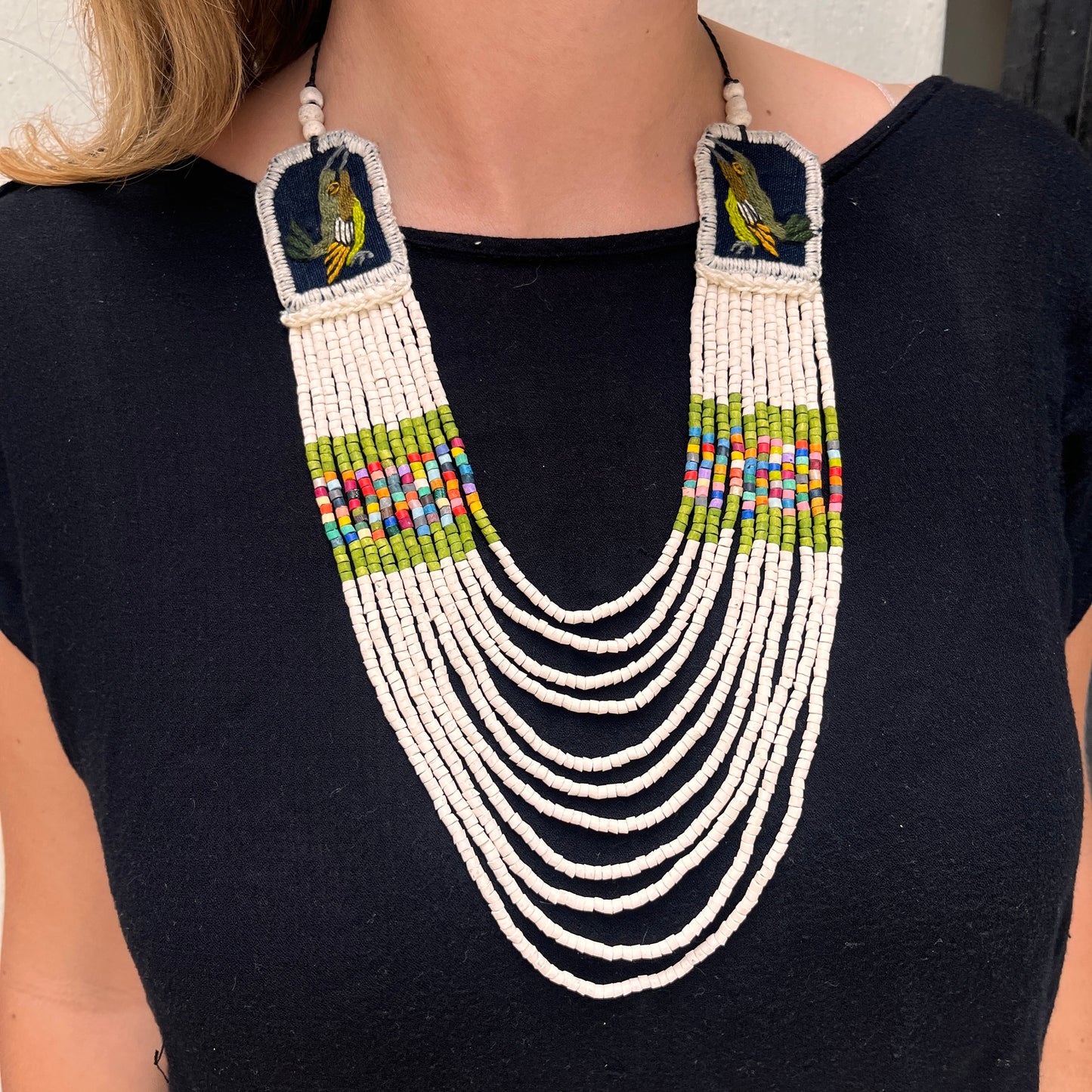 Two-piece Textile Necklaces, Adjustable - "Birds of Santiago", Neutrals