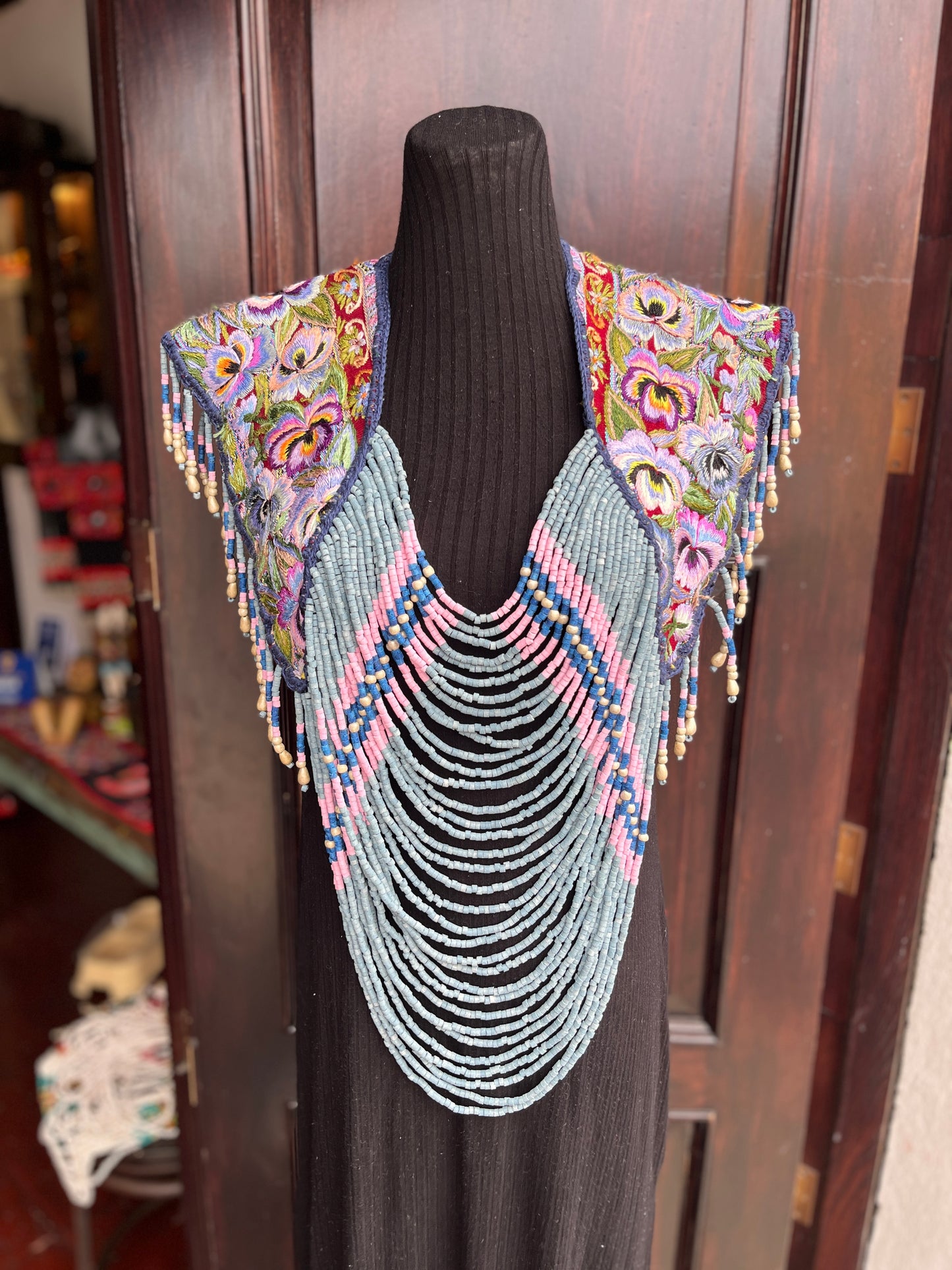 Textile Cape with Beaded Body Chains - "Huipil Capa", Purple Flora