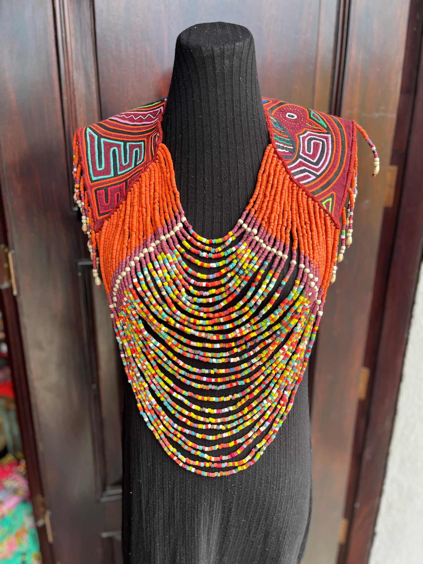 Textile Cape with Beaded Body Chains - "Mola Capa", Orange Multicolor