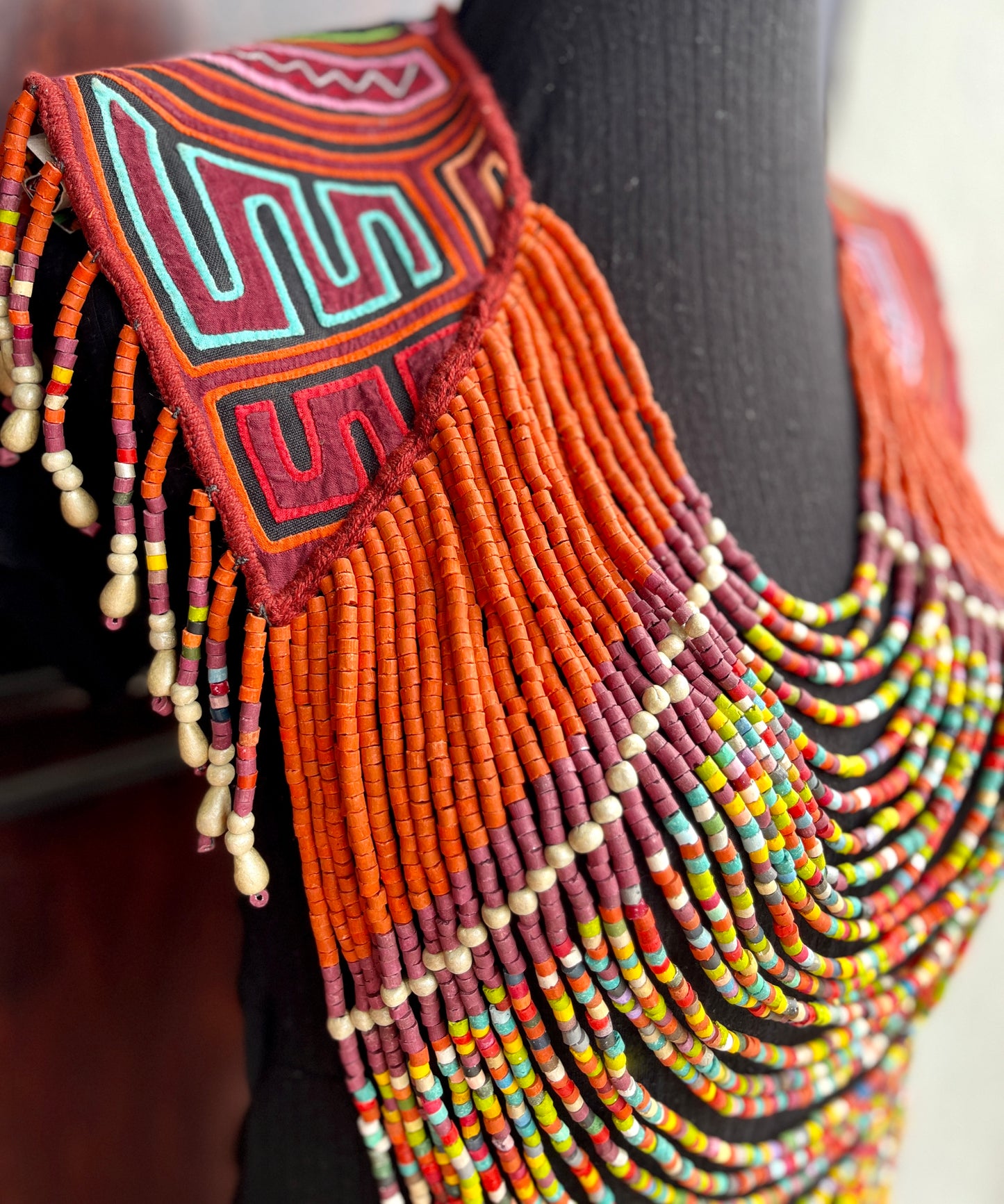 Textile Cape with Beaded Body Chains - "Mola Capa", Orange Multicolor
