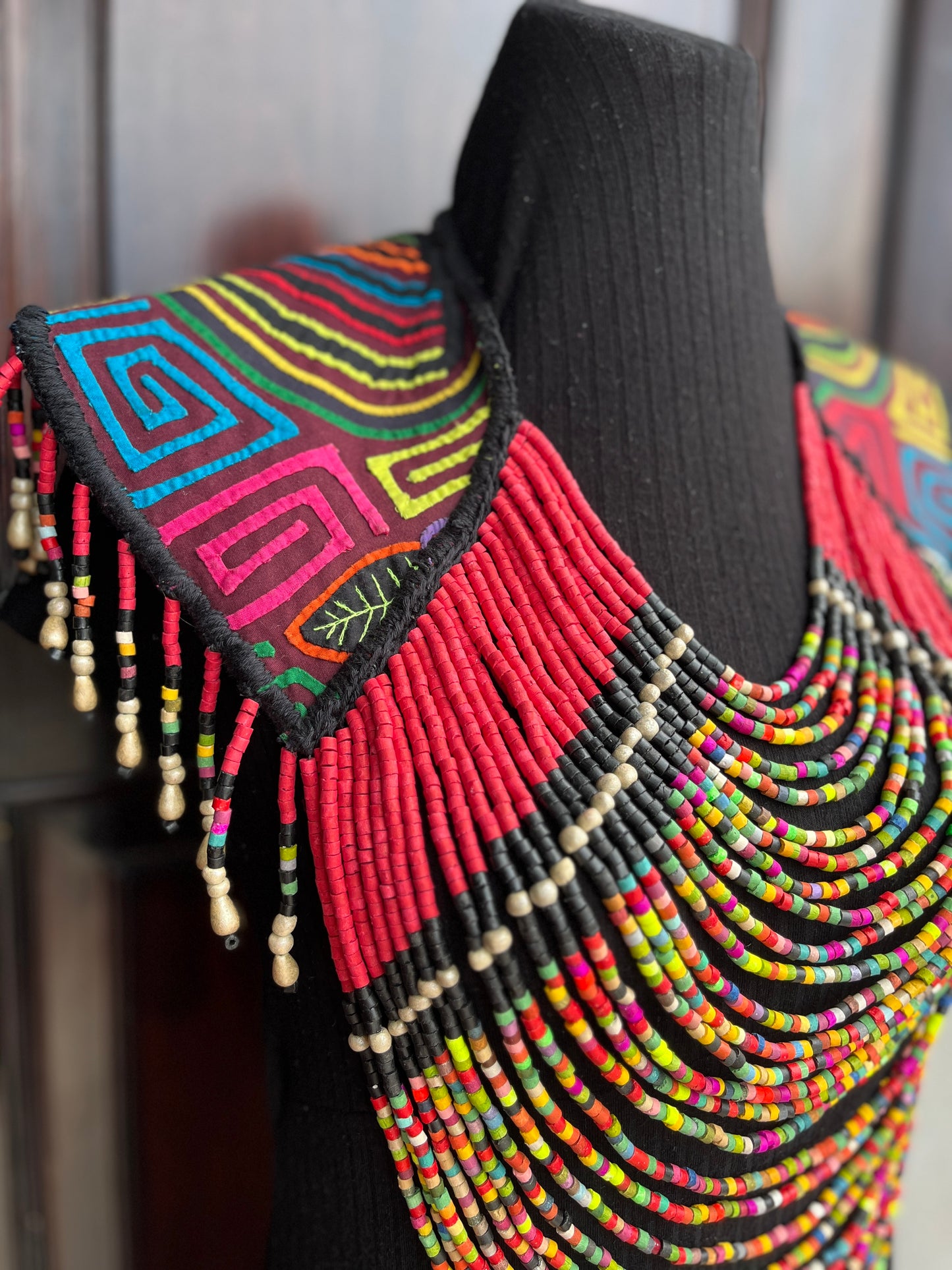 Textile Cape with Beaded Chains - Mola Capa, Magenta Multicolor
