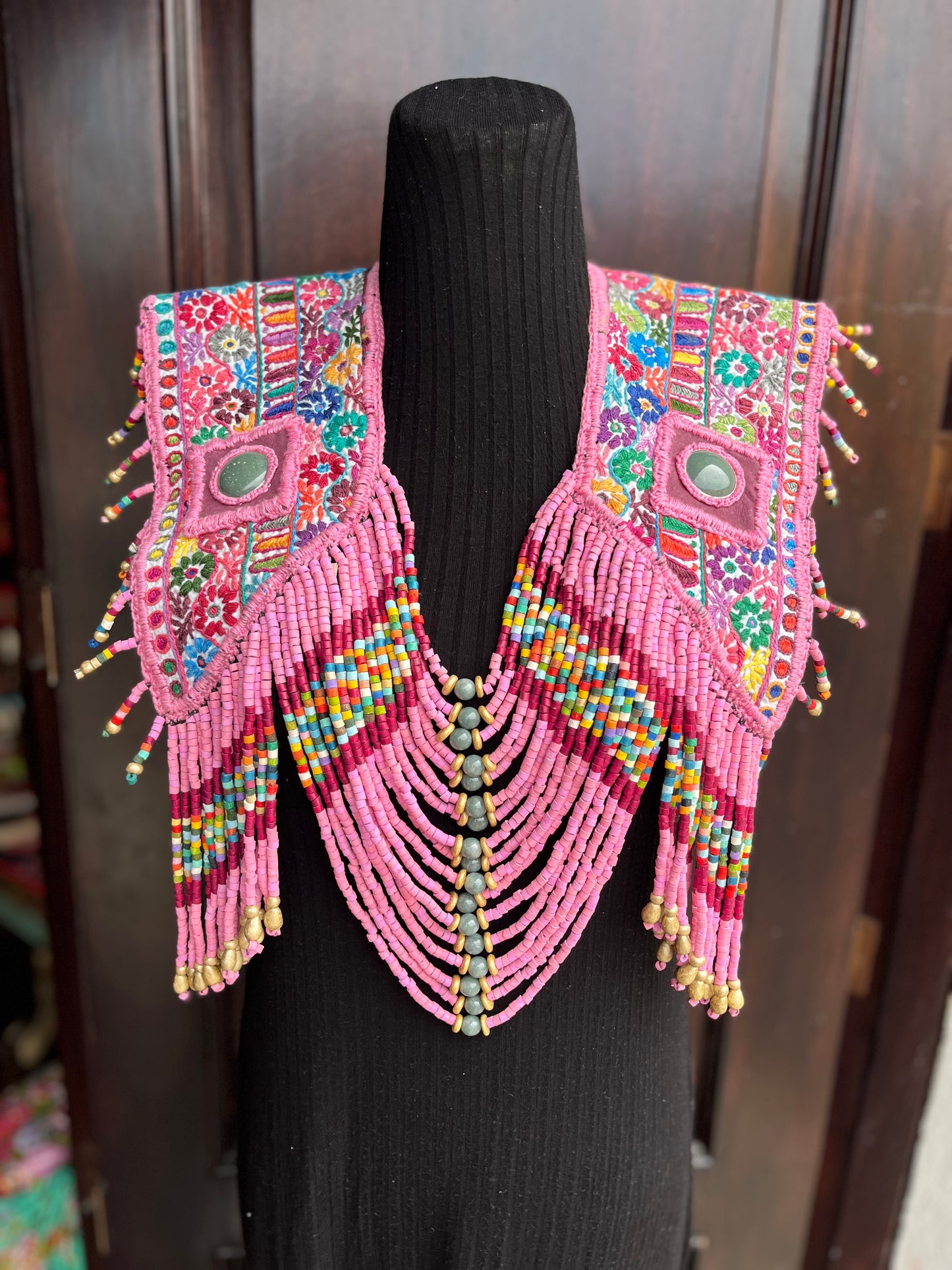Textile Chest Piece with Chains, Fringes, and Jade - "Barbie"