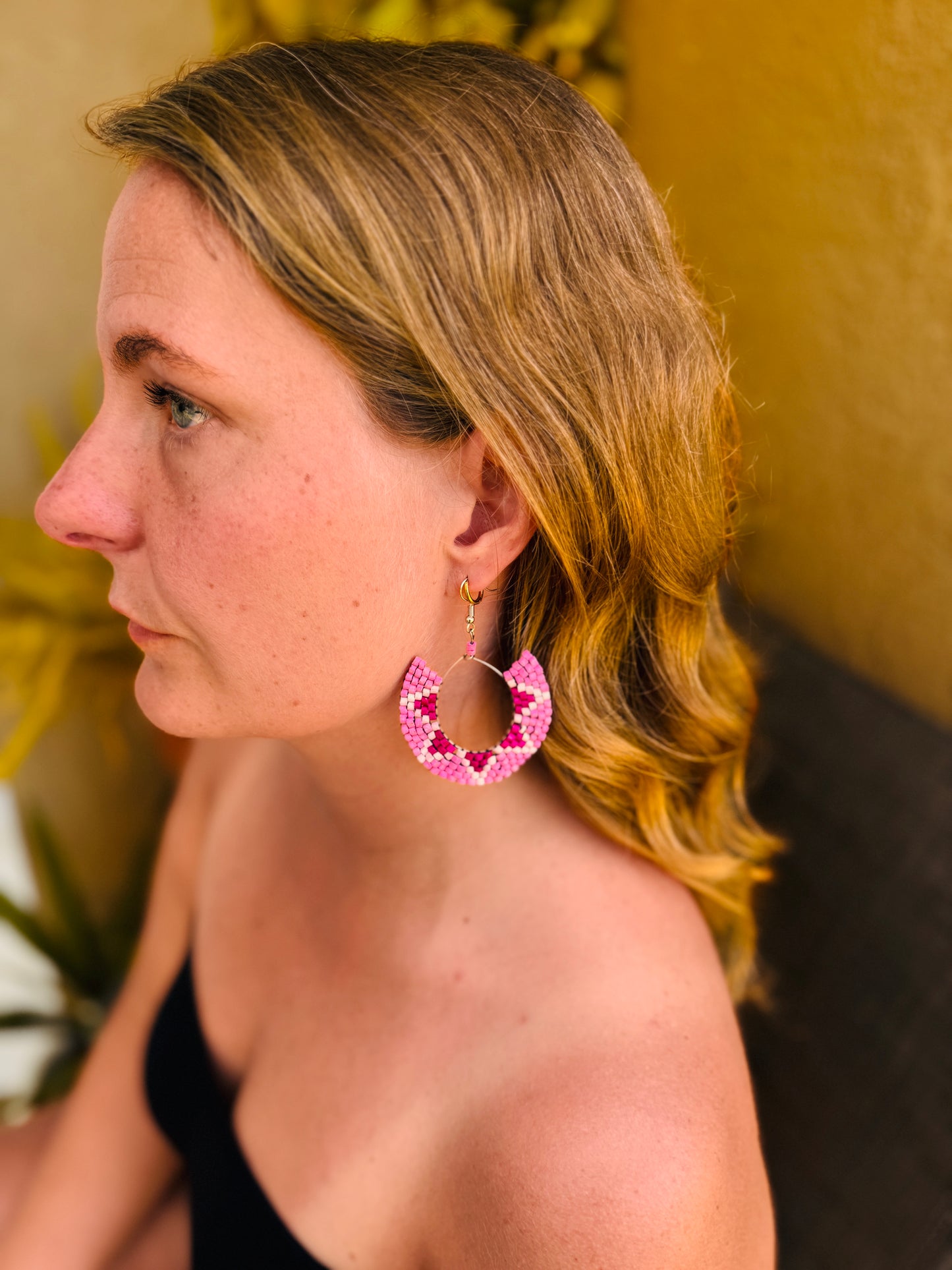 Beaded Crescent Hoop Star Earrings in Natural Ceramic Stone
