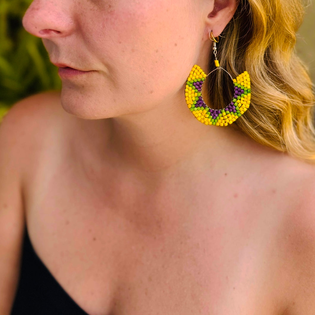 Beaded Crescent Hoop Star Earrings in Natural Ceramic Stone